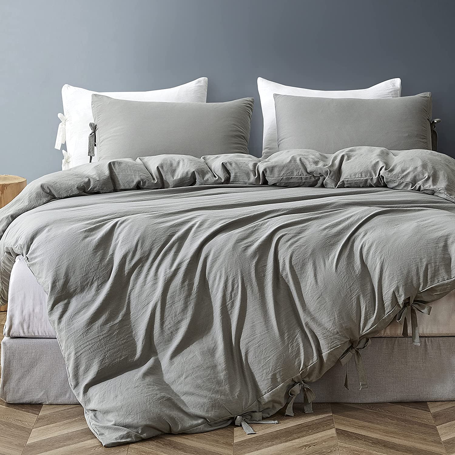 Price:$26.98  Queen Duvet Cover Set 3pcs Grey - Ultra Soft and Breathable Washed Microfiber Comforter Cover Set with Bow tie Closure+2 Pillowcases : Home & Kitchen