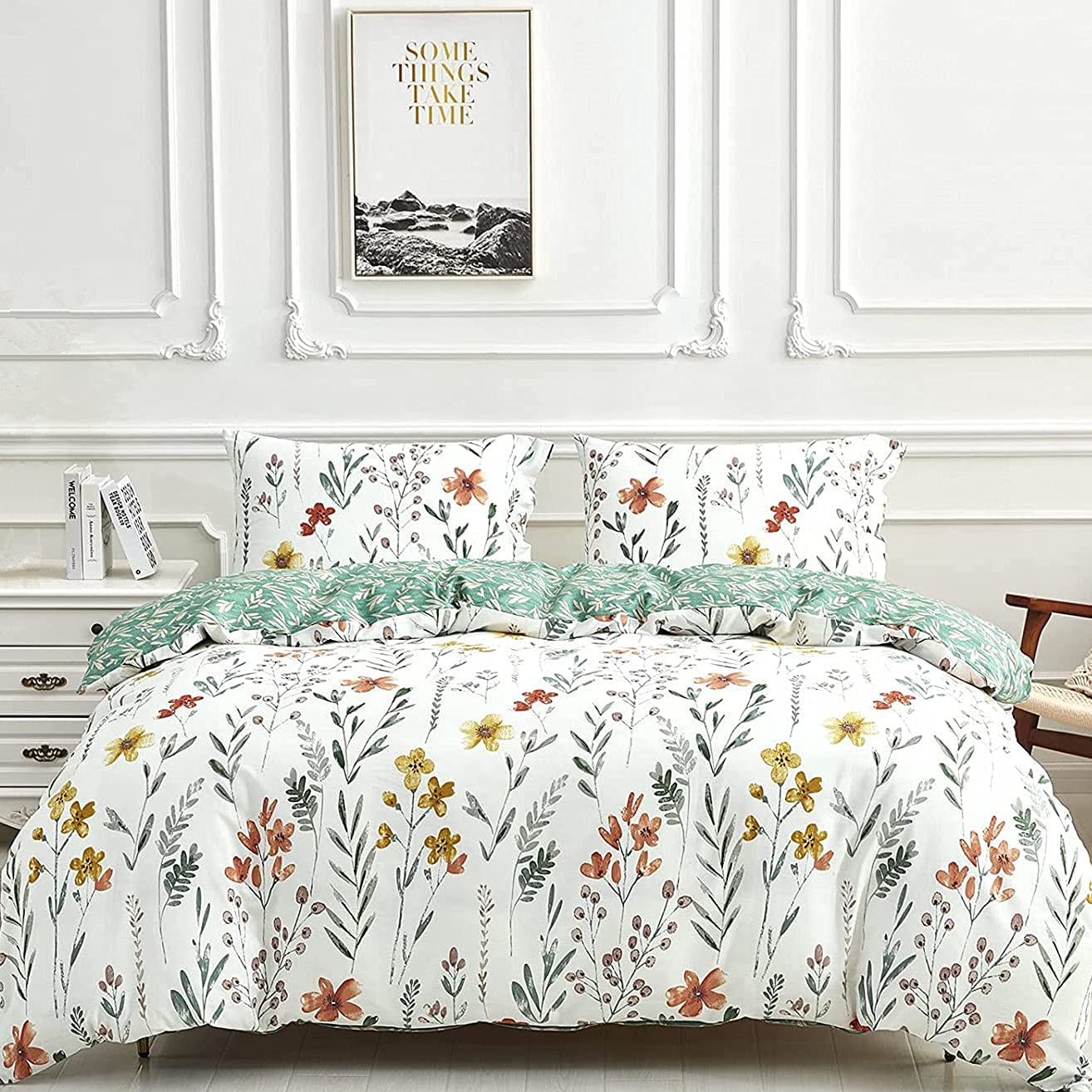 Price:$46.98  Floral Duvet Cover Cotton - Floral Bedding Duvet Cover King Size, Reversible Garden Flowers and Yellow Green Leafs Pattern, Soft Comforter Cover with Zipper Closure and 2 Pillow Cases : Home & Kitchen