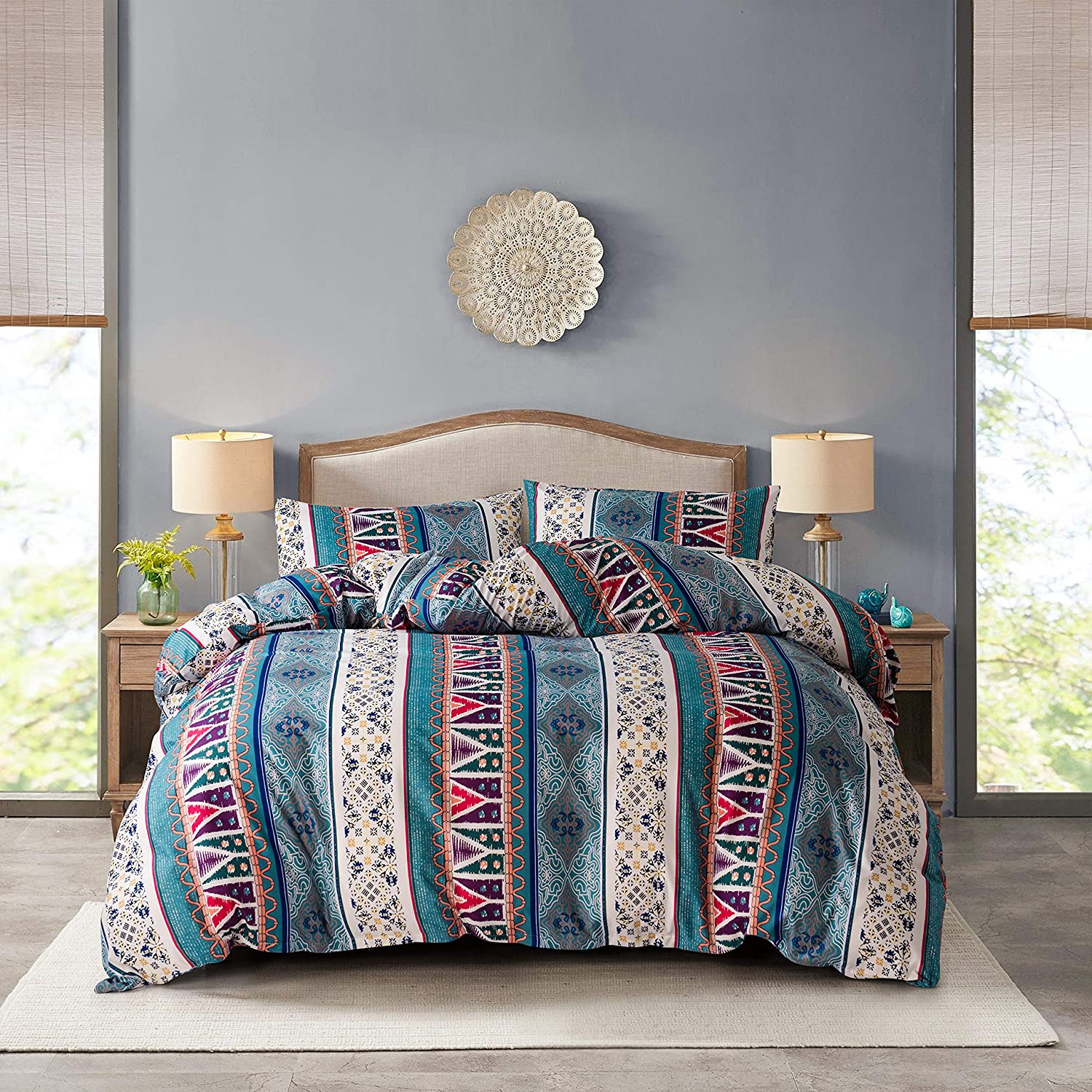 Price:$28.99  Boho Duvet Cover Queen Comforter Cover Set Full 3 Pieces Bedding 90"x 90" Soft Lightweight Microfiber Blue Striped Bedding Set : Home & Kitchen
