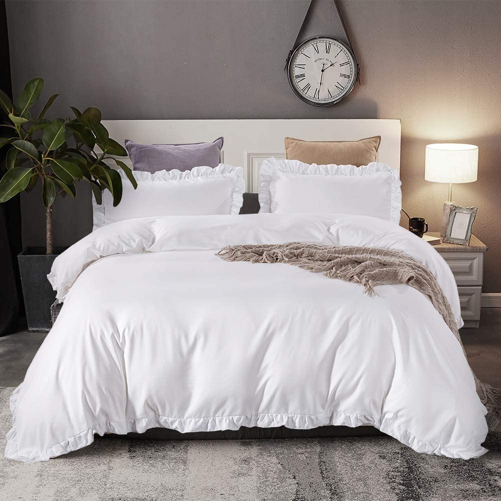 Price:$39.98  White Ruffled Duvet Cover Set Queen Size Vintage Ruffle Fringe Comforter Cover Solid Color Farmhouse Rustic Bedding Soft Microfiber,Zipper Closure,2 Sham : Home & Kitchen