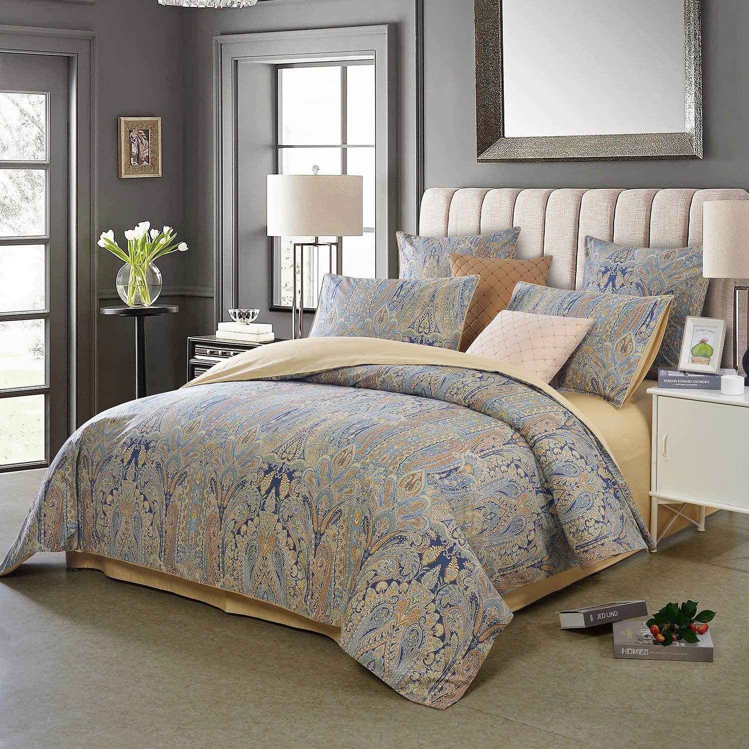 Price:$64.99  Vintage Cal King Size Luruxy Bedding Set 3Pcs Duvet Cover Set Boho Golden Blue Black Orange Paisley 100% Egyptian Silky Sateen Cotton Reversible Home Bedding Collection Spa Blue 104×98 Inches : Home & Kitchen