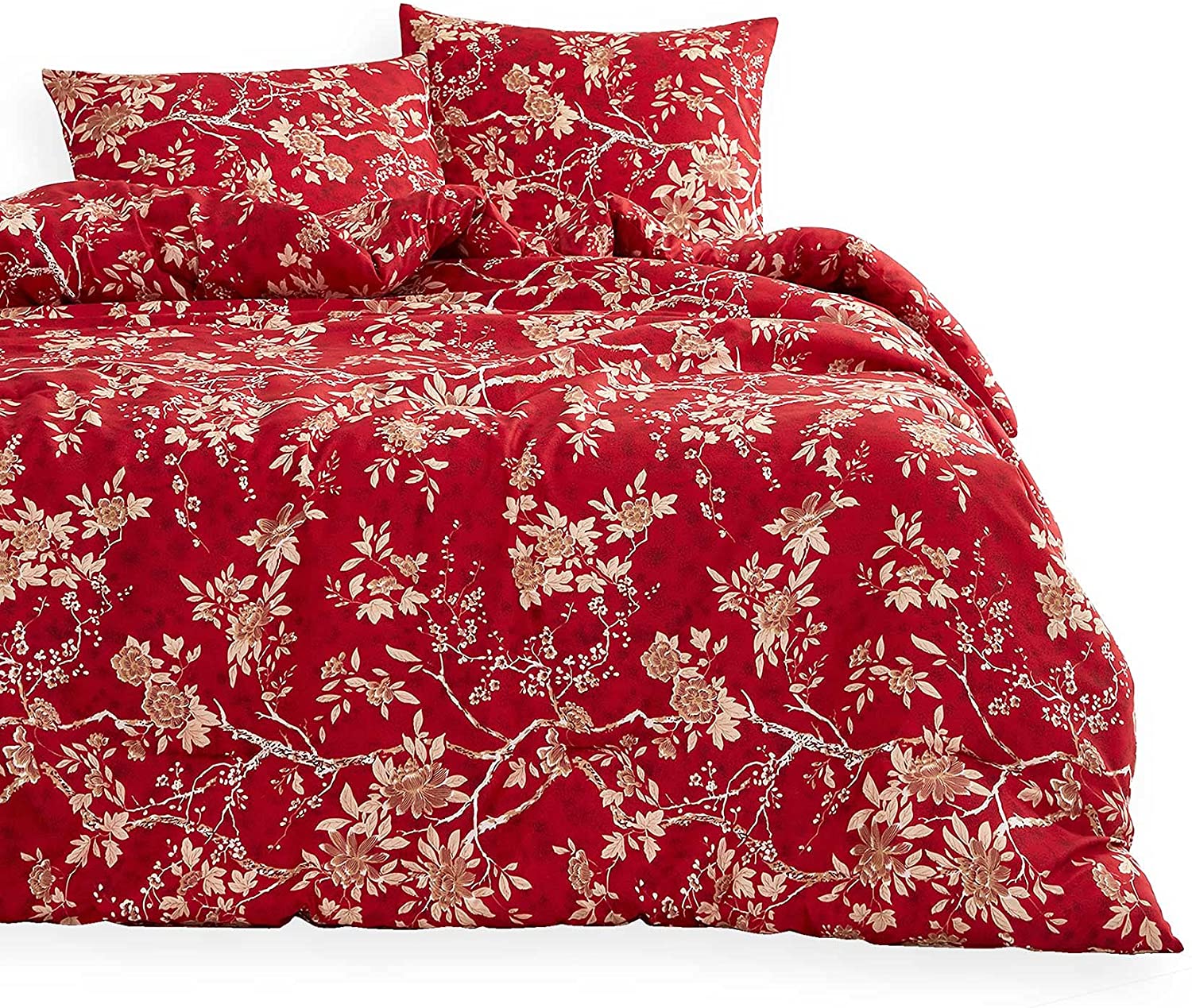 Price:$37.99  In Cloud - Red Floral Duvet Cover Set, Vintage Flowers Pattern Printed, Soft Microfiber Beddings with Zipper Closure (3pcs, Queen Size) : Home & Kitchen