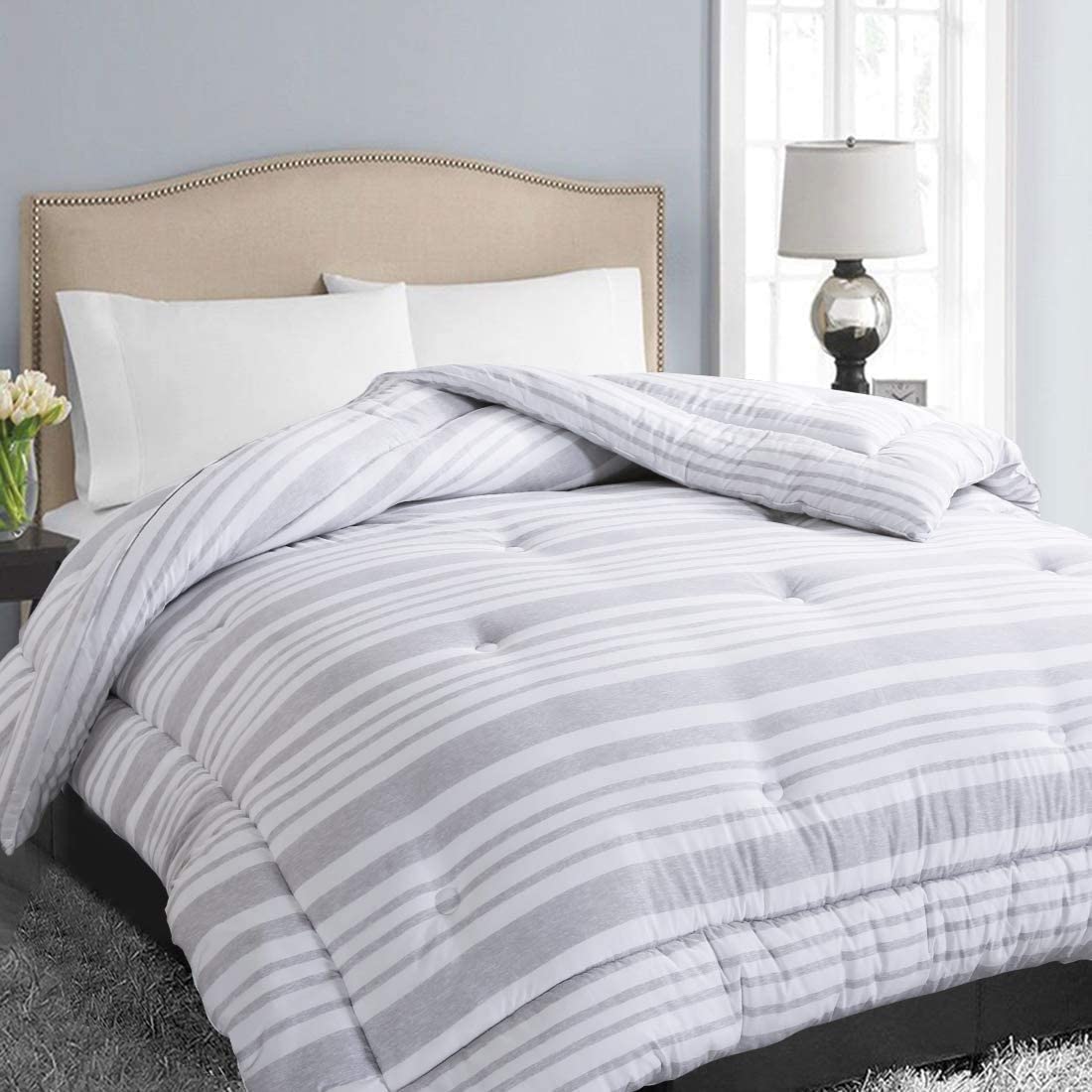 Price:$49.90  All Season Full Size Soft Quilted Down Alternative Comforter Reversible Duvet Insert with Corner Tabs,Winter Summer Warm Fluffy,Grey White,82x86 inches : Home & Kitchen