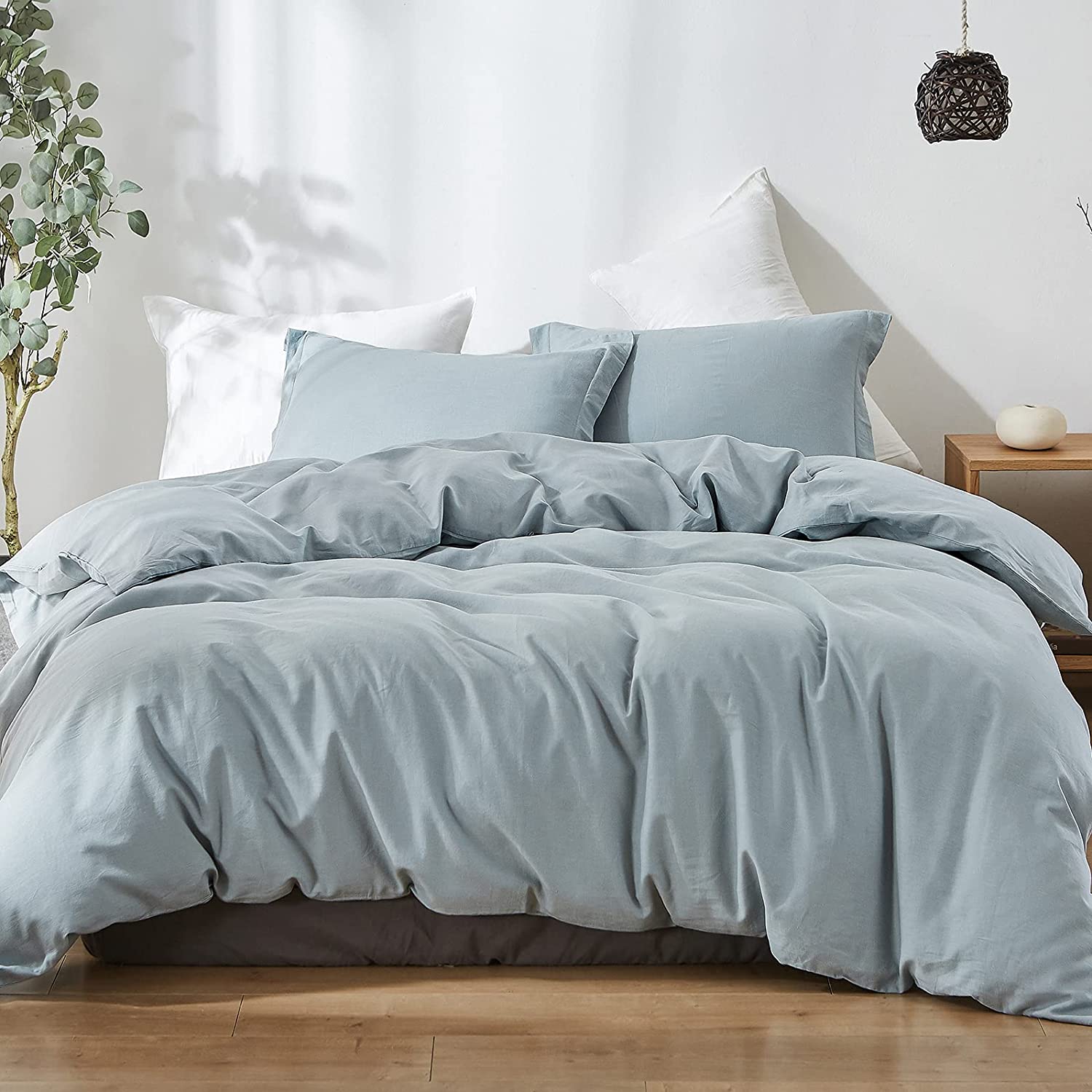 Price:$89.99  French Linen Duvet Cover Set- King Size(104"x 92")- 3 Pieces (1 Comforter Cover,2 Pillowcases)-Natural Flax Cotton Blend-Solid Color Breathable Farmhouse Bedding-Dusty Blue : Home & Kitchen