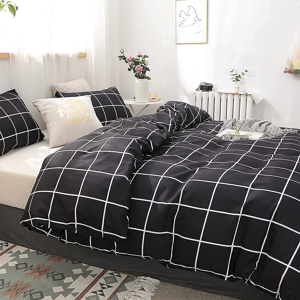 Price:$11.59  Grid Duvet Cover Set Black White Checked Geometric Plaid Bedding Set Simple Style Checker Grid Bedding King Set for Adults Teen with 2 Pillowcases (Black Grid,King) : Home & Kitchen