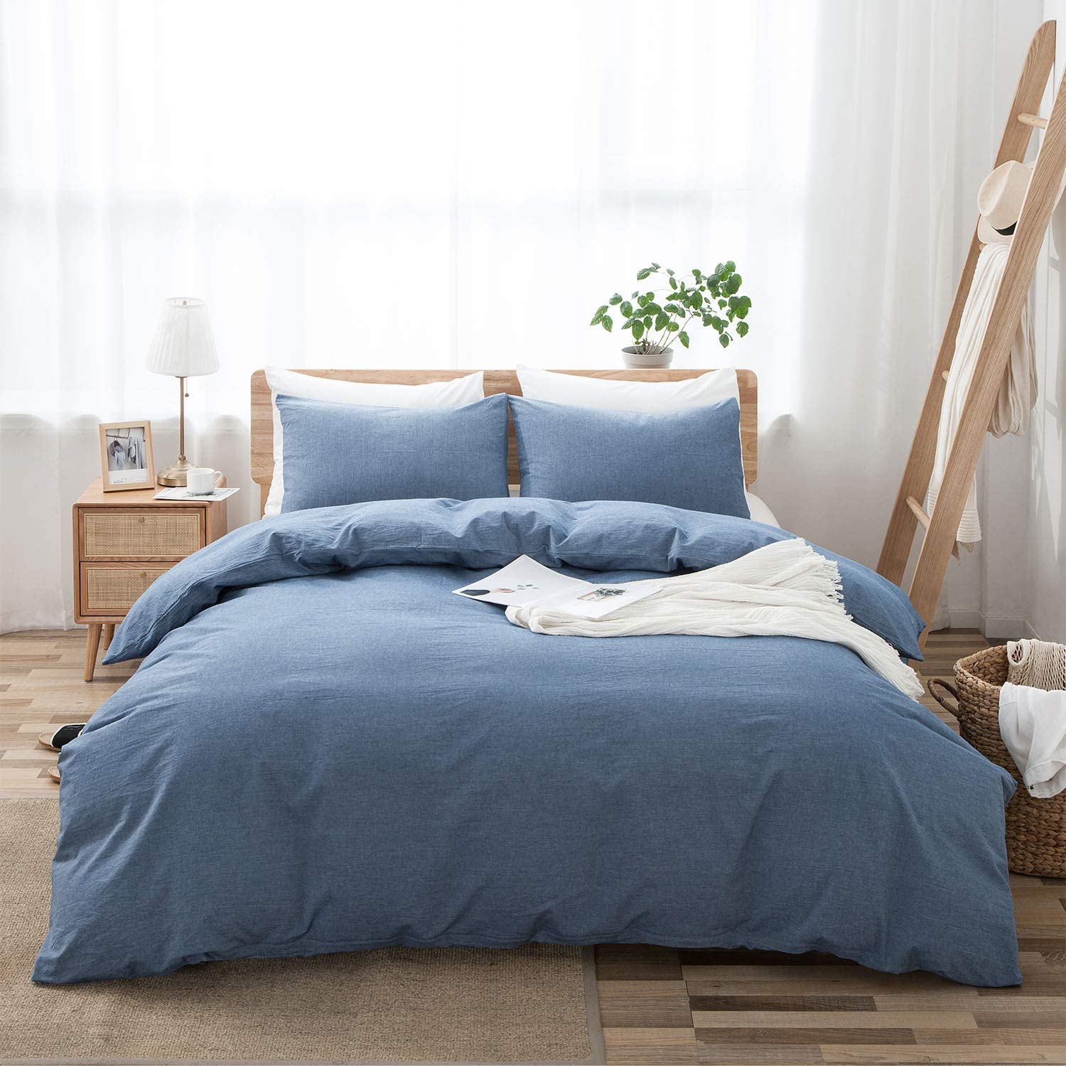 Price:$49.99  100% Washed Cotton Duvet Cover Queen Size, Denim Blue Soft and Fade-Resistant Natural Bedding Set (No Comforter), 90x90 Inches : Home & Kitchen
