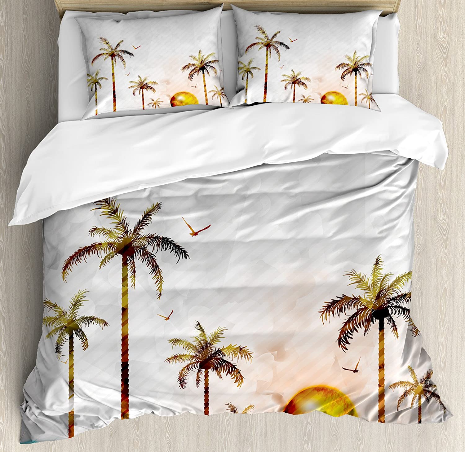 Price:$39.96  Hawaiian Duvet Cover Set, Watercolor Style Tropical Island with Coconut Trees and Birds Sunset Art Print, Decorative 3 Piece Bedding Set with 2 Pillow Shams, Queen Size, Green Brown : Home & Kitchen