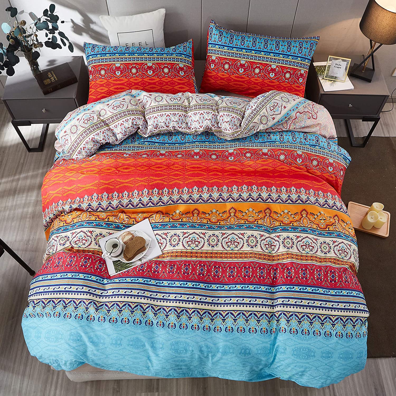 Price:$29.89  Duvet Cover Set King Size Boho Retro Style Floral Striped Patchwork Print Luxury Soft Bedding Set Comforter Cover (1 Duvet Cover+2 Pillowcases) Multicolor : Home & Kitchen