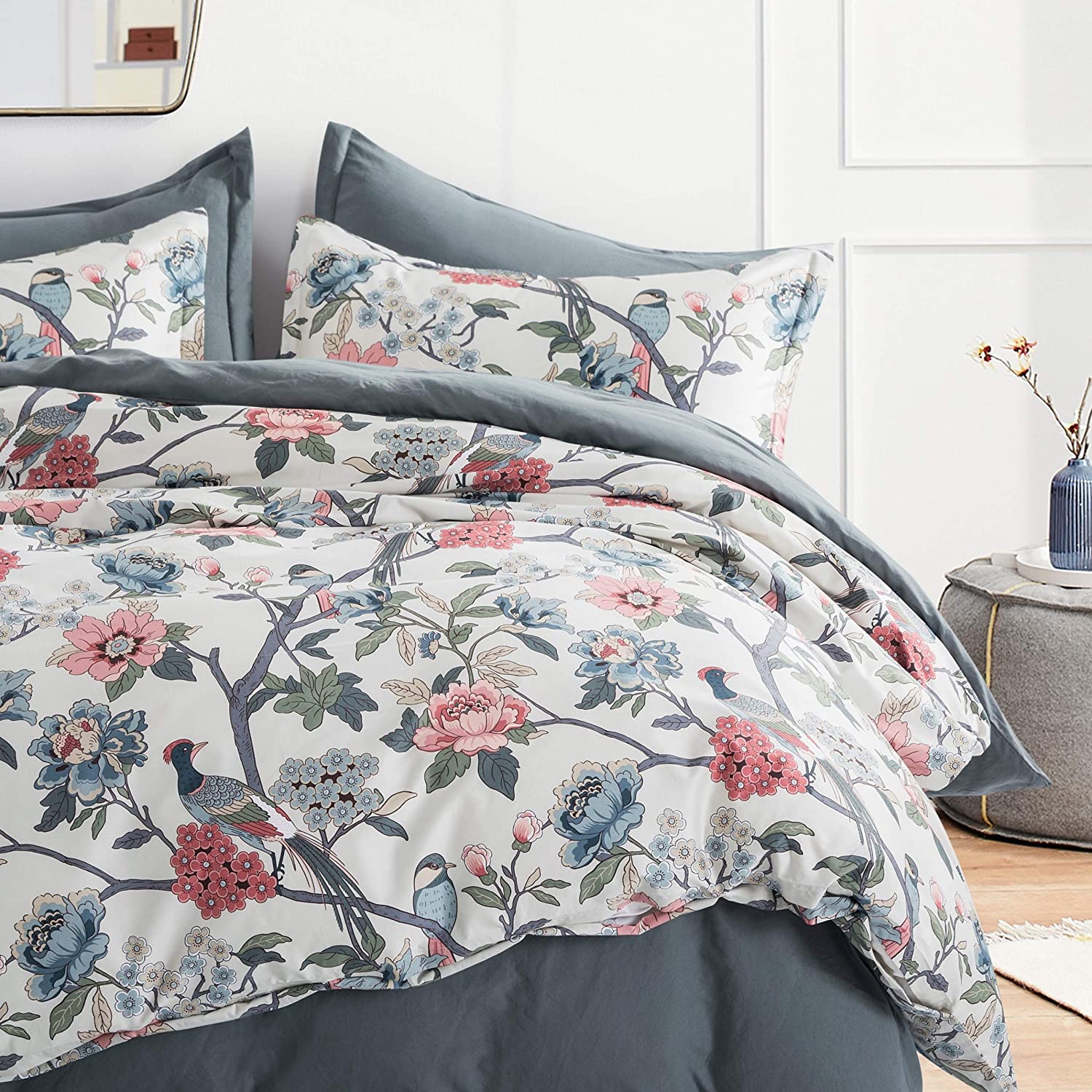 Price:$108.80  Bloom Garden Duvet Cover Set French Country Provincial Chic Floral Birds Bedding Peony Blossom Tree Branches (Muted, King) : Home & Kitchen