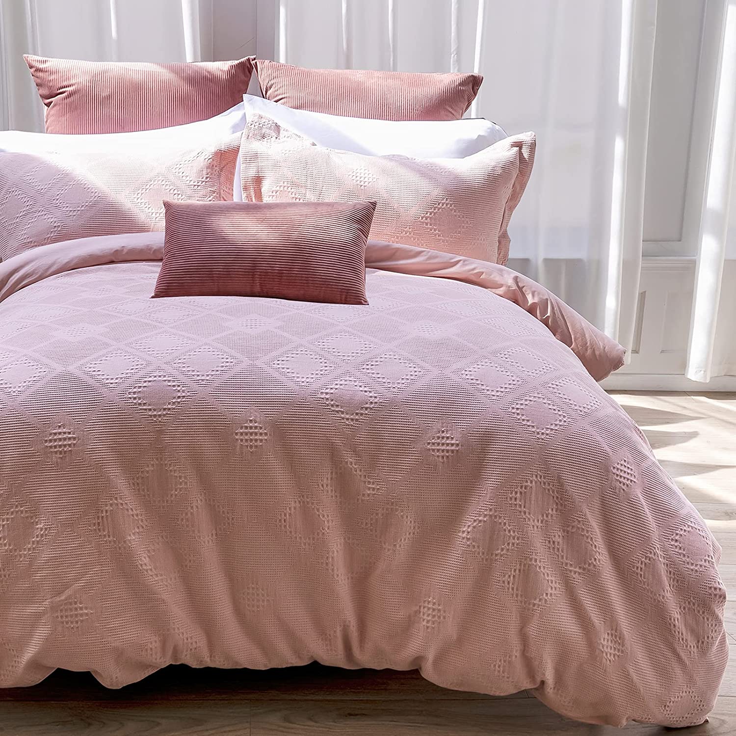 Price:$55.99  Home 100% Cotton Waffle Weave Duvet Cover Set- Waffle Texture Comforter Cover Queen Size- Soft and Breathable Bedding Sets-3 PCS-90x92 Inches, Pink : Home & Kitchen