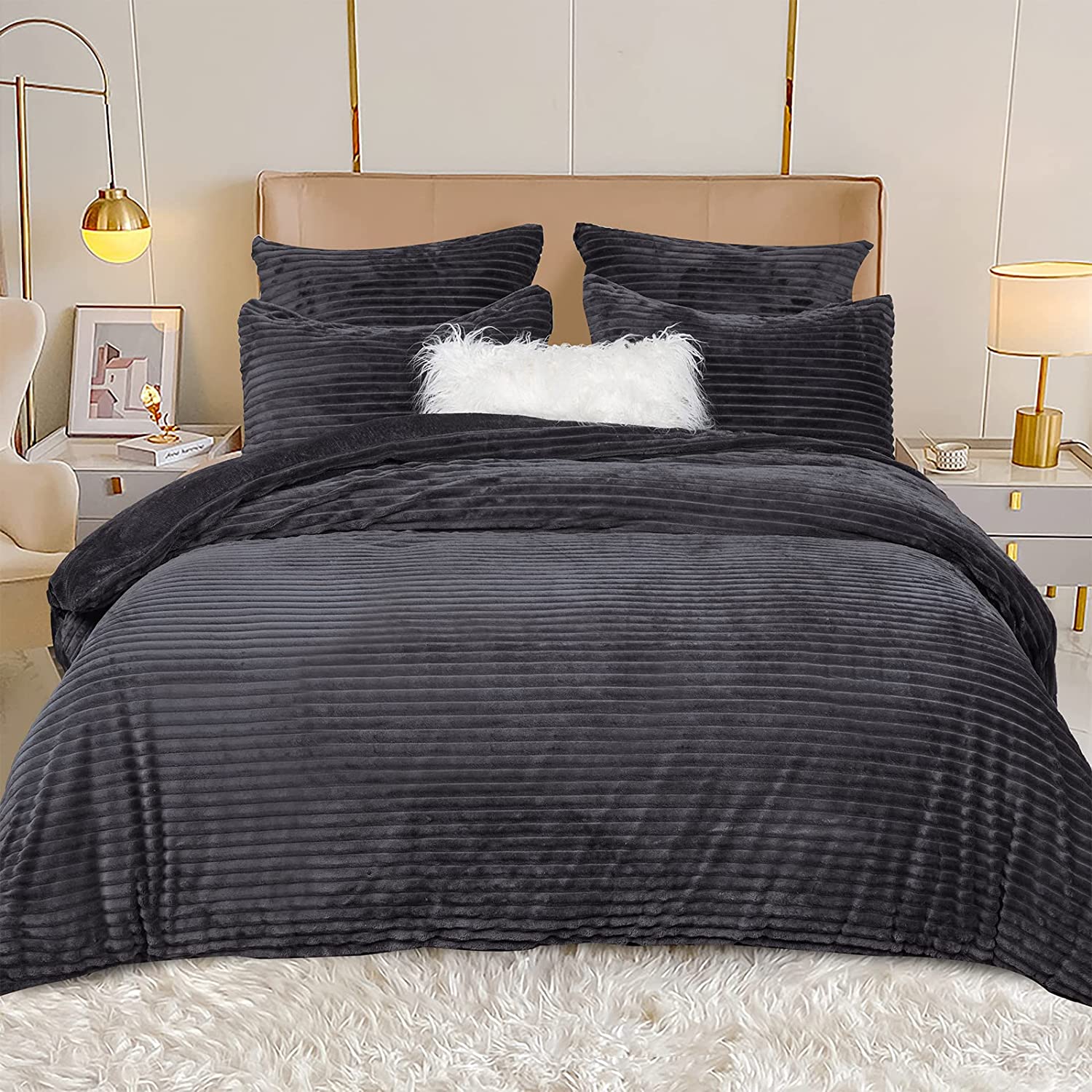 Price:$57.99  Fluffy Corduroy Flannel Duvet Cover Set Queen, 3PCS Faux Fur Comforter Cover Set for Autumn Winter, Soft Warm Cozy Duvet Cover with Pillow Shams Bedding Collection, 90" x 90", Dark Grey/Charcoal : Home & Kitchen