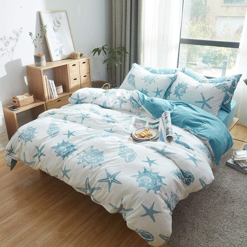 Price:$69.99  Jersey Knit Cotton Duvet Cover King(104 x 90 inches), 3 Piece (1 White Blue Duvet Cover, 2 Pillow Shams) Soft Seashells Pattern Design Duvet Cover Set with Zipper Closure, Corner Ties : Home & Kitchen