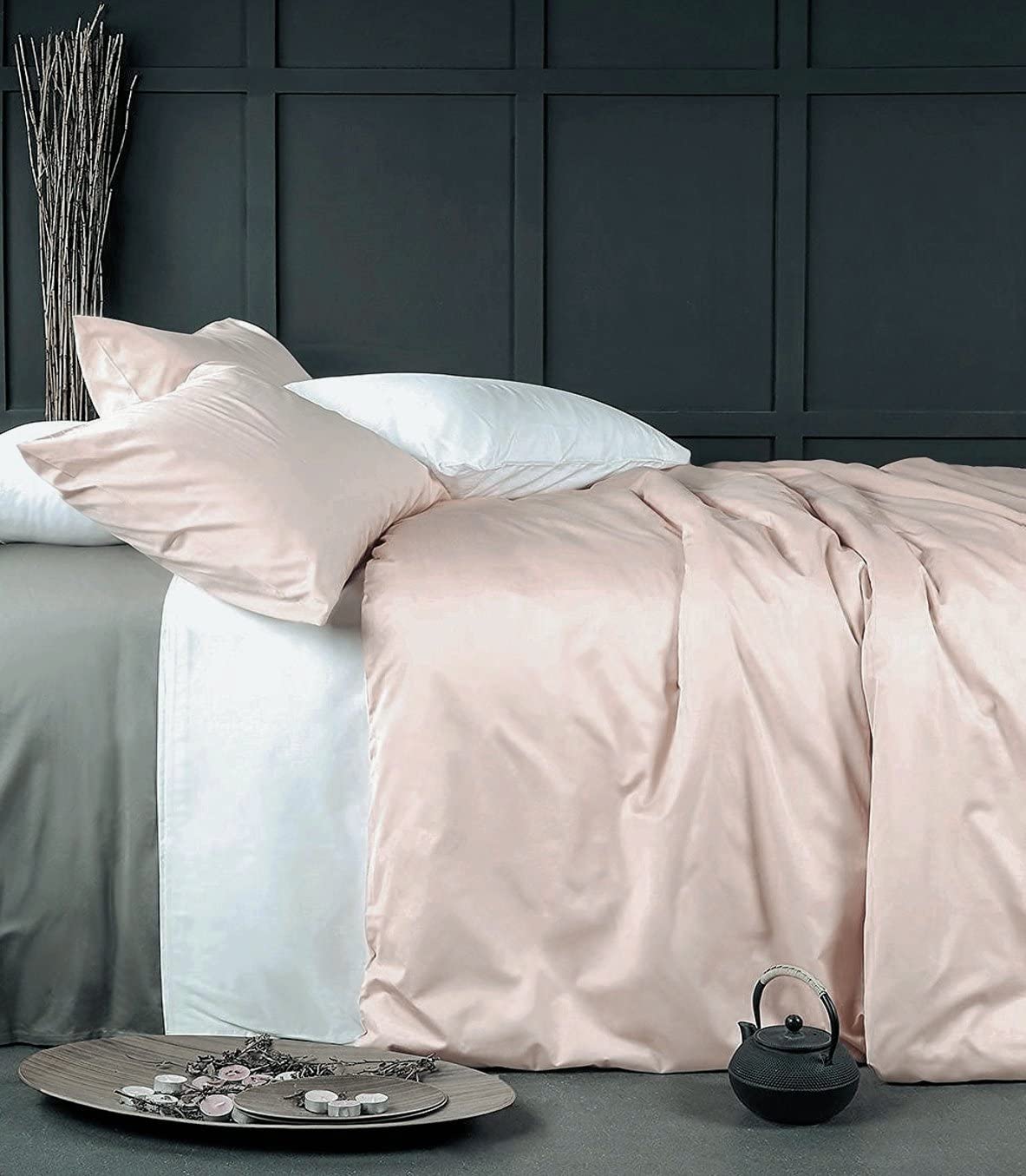 Price:$86.50  Rose Gold Duvet Cover Luxury Bedding Set High Thread Count Egyptian Cotton Sateen Silky Soft Blush Pale Pink Solid Colored (Queen, Rose Dust) : Home & Kitchen