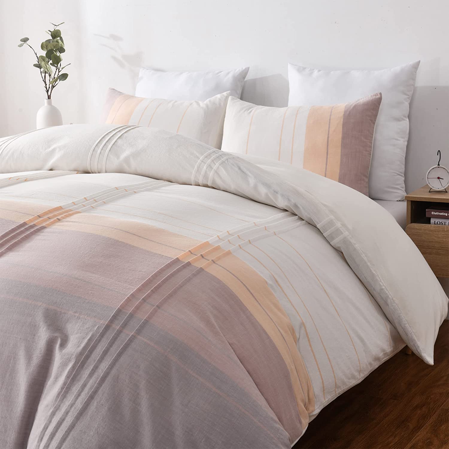 Price:$62.99  Washed Cotton Bedding Duvet Cover Queen Size Soft Comfy Breathable Chambray Pintuck Pinch Pleated Yarn Dyed Down Comforter Quilt Set with Pillow Shams, Button Closure&Corner Ties : Home & Kitchen