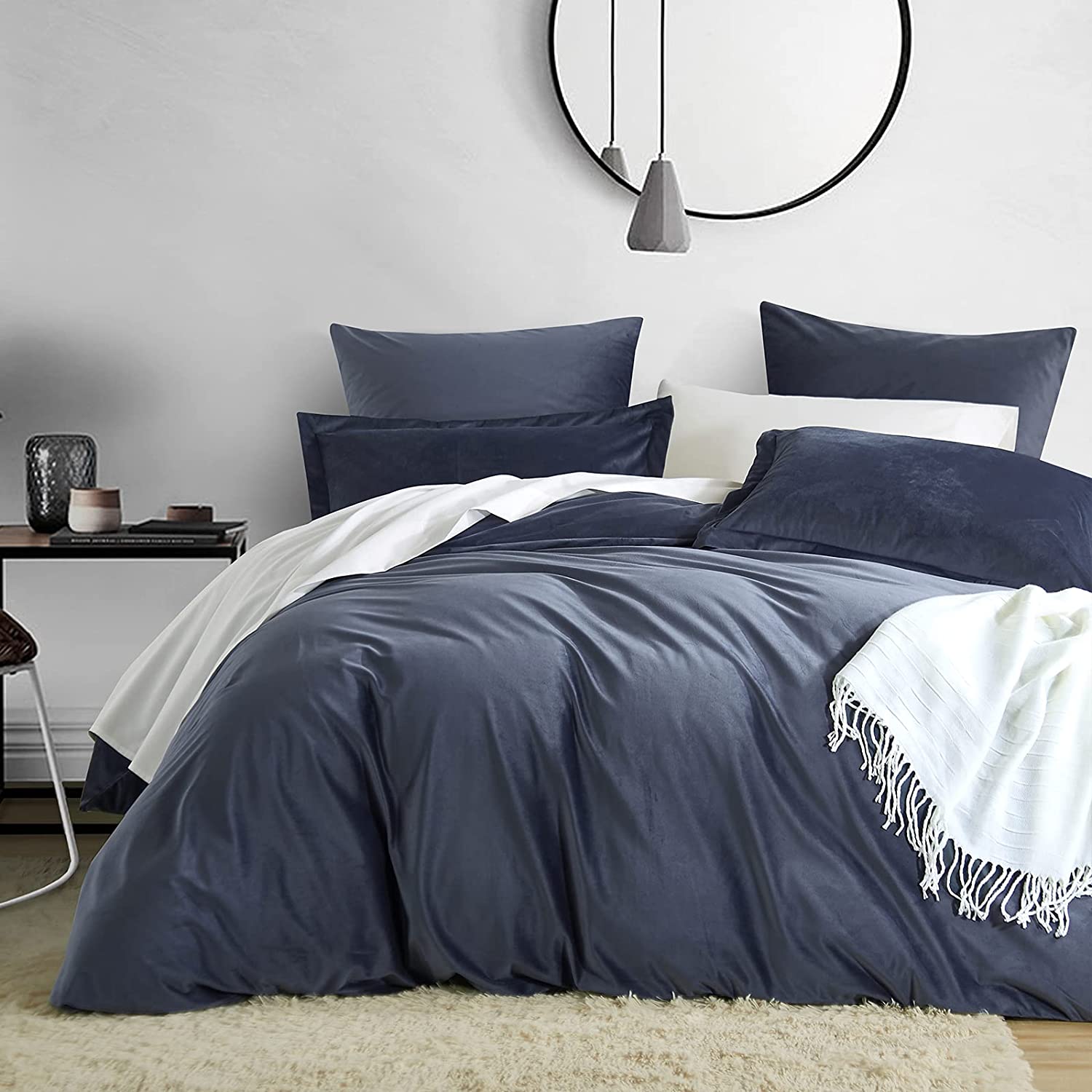 Price:$37.99  Pleated Velvet Duvet Cover Set Queen, 3PCS Flannel Comforter Cover Set for All Season, Ultra Soft Cozy Velour Duvet Cover with Pillow Shams Bedding Collection, 90" x 92", Blue Greyish : Home & Kitchen