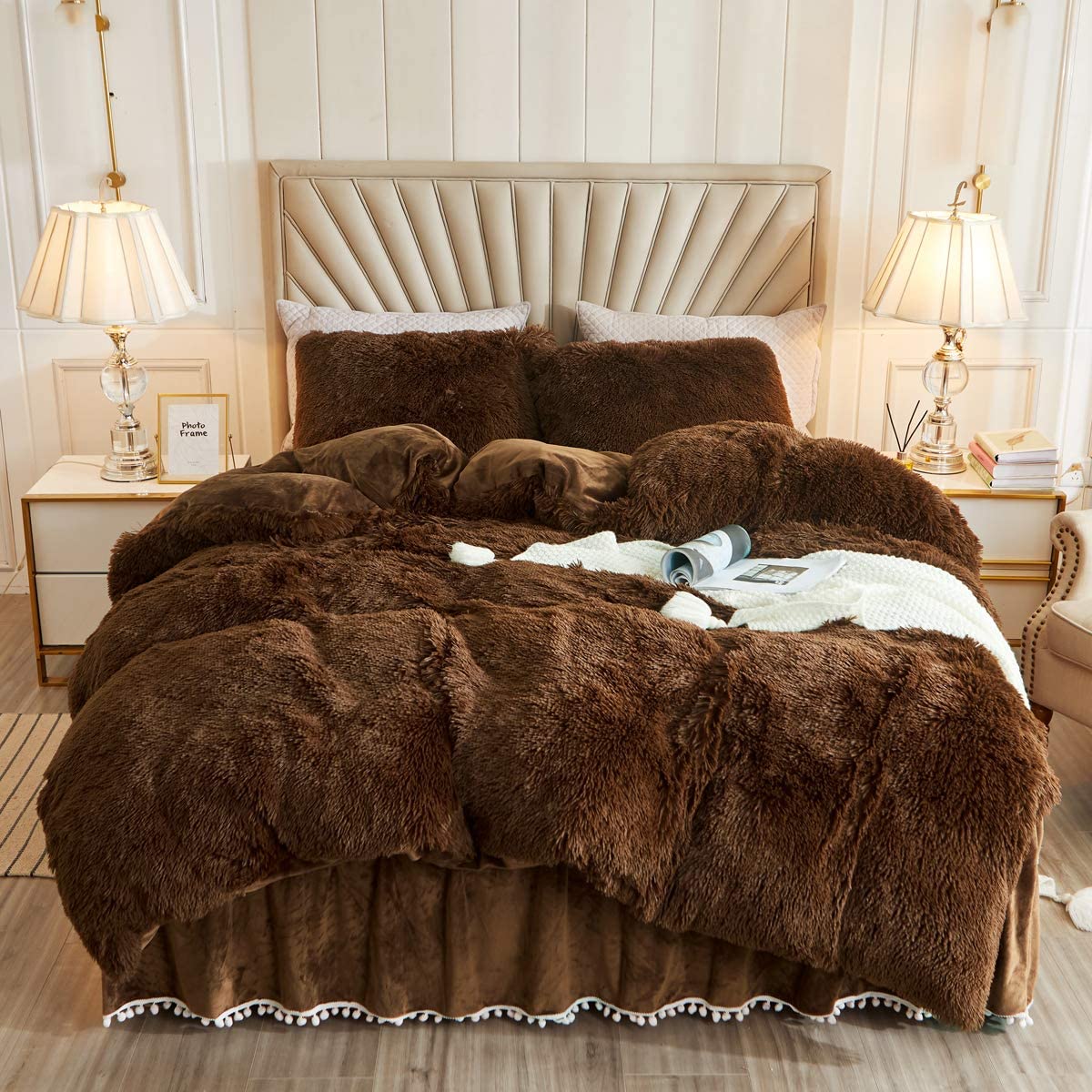 Price:$81.99  Luxury Plush Shaggy Duvet Cover Set Ultra Soft Crystal Velvet Bedding Sets 3 Pieces(1 Faux Fur Duvet Cover + 2 Faux Fur Pillowcase) (Queen, Dark Coffee) : Home & Kitchen