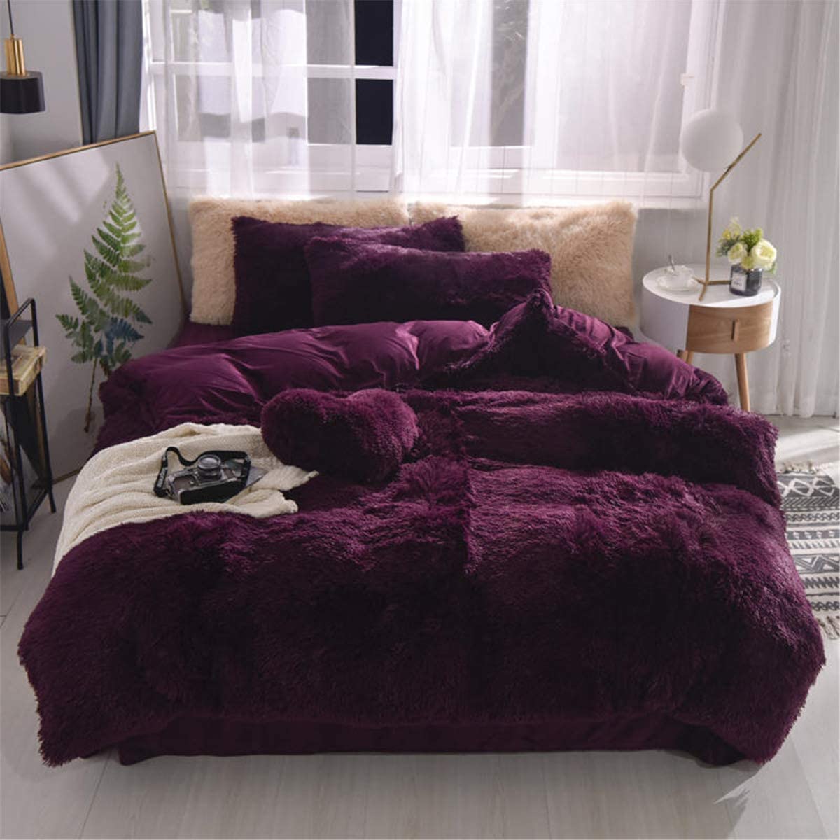 Price:$105.00  Shaggy Fluffy Queen Duvet Cover Set,3 PCS Faux Fur Bedding,1 Fuzzy Duvet Cover +2 Furry Crystal Velvet Pillow Case,Luxury Long Fleece Decorative for Bed Room(Plum Purple, Queen) : Home & Kitchen