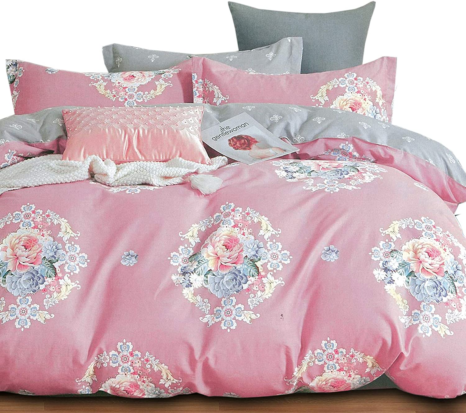 Price:$70.99  King Duvet Cover Set 3pc Pictorial Collection, 100% Cotton 620 Thread Count, Reversible Duvet Cover, Pillow Sham, Pink Lady : Home & Kitchen