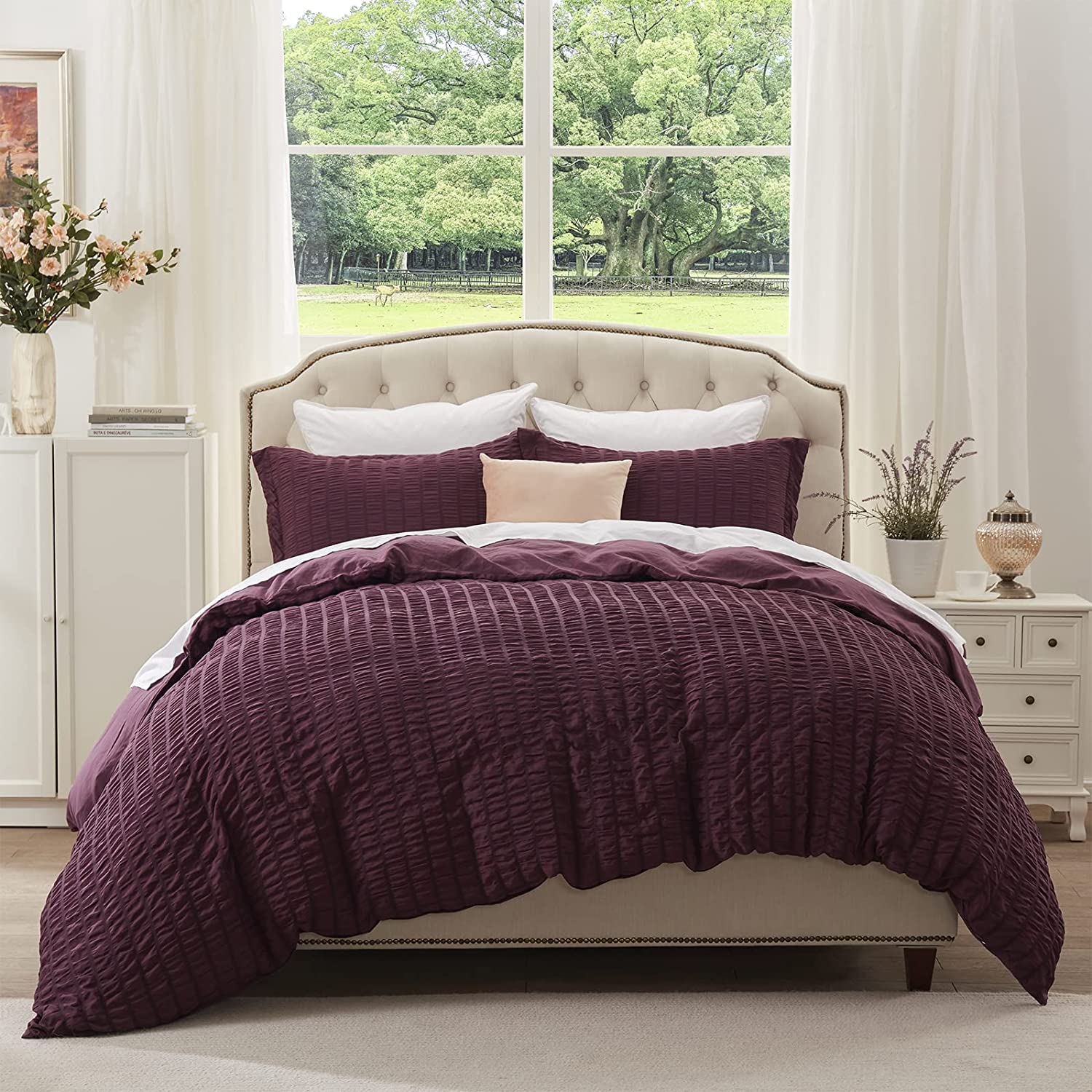 Price:$52.99  Home Duvet Cover Set Queen 90 x 90‘’, 3 Pieces Seersucker Stripe Duvet Cover Set (1 Duvet Cover + 2 Pillow Shams) Purple Microfiber Duvet Cover with Zipper Closure ＆ Corner Ties : Home & Kitchen