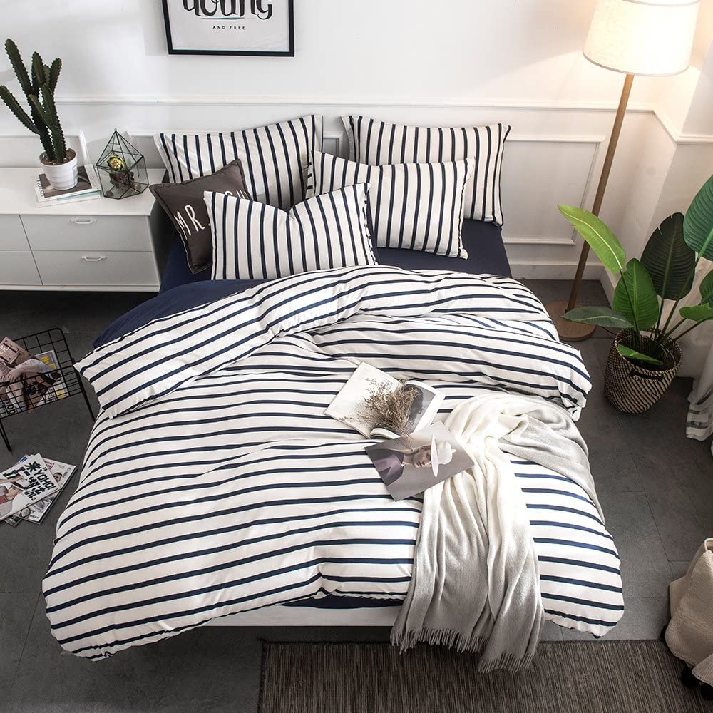 Price:$69.99  Cotton Duvet Cover Set,100% Cotton Jersey Knit Striped Duvet Cover and Pillowshams,3 Pieces Bedding Set - (Queen,Navy Stripe) : Home & Kitchen