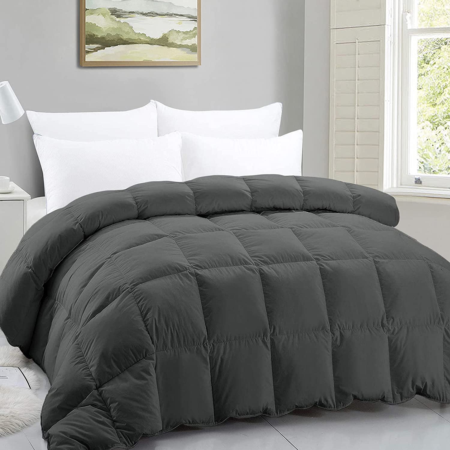 Price:$47.98  California King Gray Quilted Feather Comforter-Filled with Feather & Down -All Season Duvet Insert or Stand-Alone – 96×104 Inch : Home & Kitchen