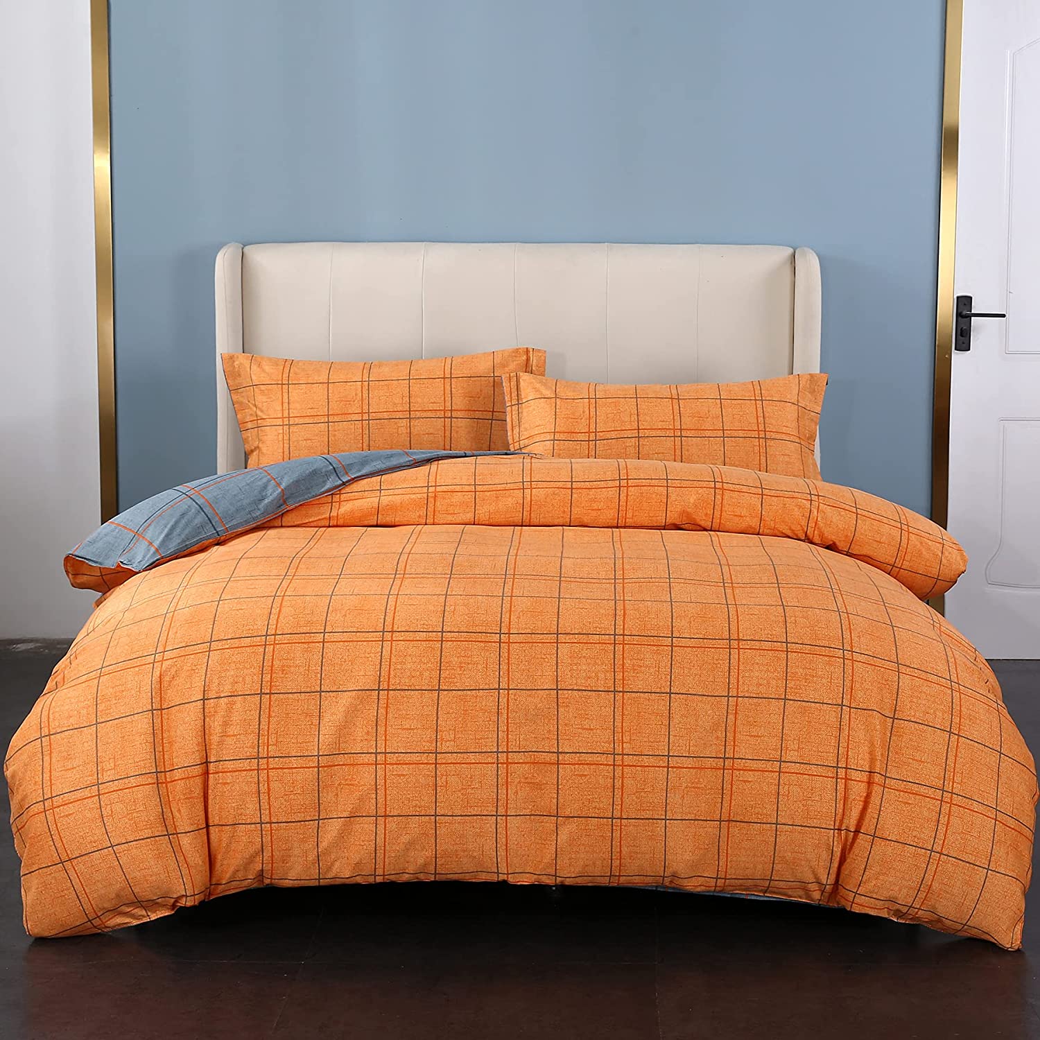 Price:$28.99  Simple Duvet Cover Set Full Size,Plaid Reversible Bedding Set with Zipper Corner Ties(Orange Grid) : Home & Kitchen
