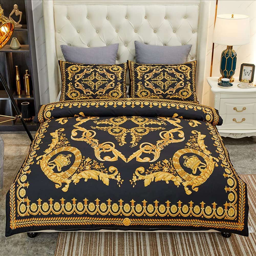 Price:$49.99  Black Gold Flower Microfiber Duvet Cover Set, Modern Luxury Design Baroque Floral Pattern All Season Comforter Cover Set with Pillow Cases(Queen,3pieces) : Home & Kitchen