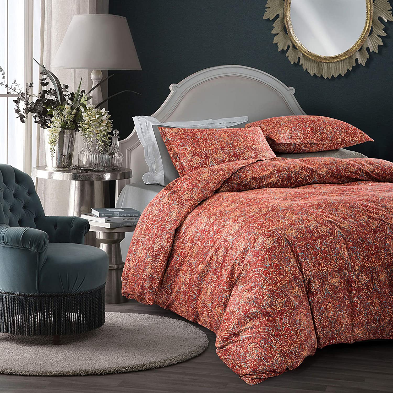 Price:$118.80  Boho Paisley Print Luxury Duvet Cover and Shams 3pc Bedding Set Intricate Tuscany Bohemian Damask Medallion 350TC Egyptian Cotton Sateen 120x98 (Super King) : Home & Kitchen