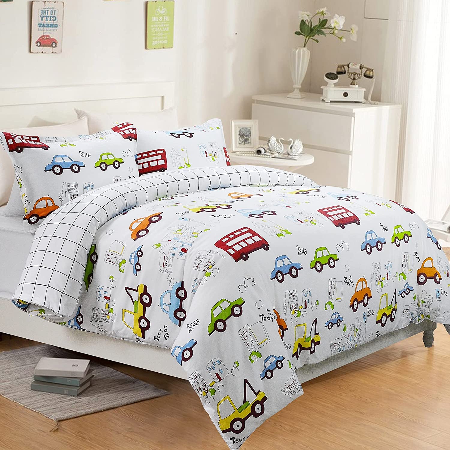 Price:$37.99  Kids Bedding Set Boy Twin Size Cars Trucks Construction Bedding Cotton 3-Piece Duvet Cover Set(No Comforter Included) : Home & Kitchen
