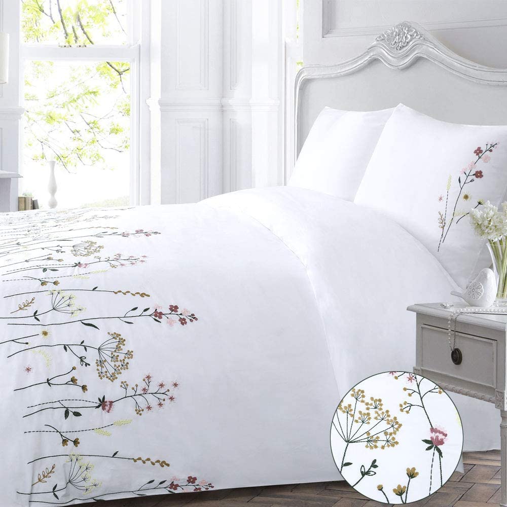Price:$55.99  Flower Duvet Cover Set Queen Floral Pink Flowered Cotton 100% Elegant Wildflower Embroidered Pretty Botanical French Country Spring Textured 90x90 Garden Girls Cottage 3PC Zip Bedding Set : Home & Kitchen
