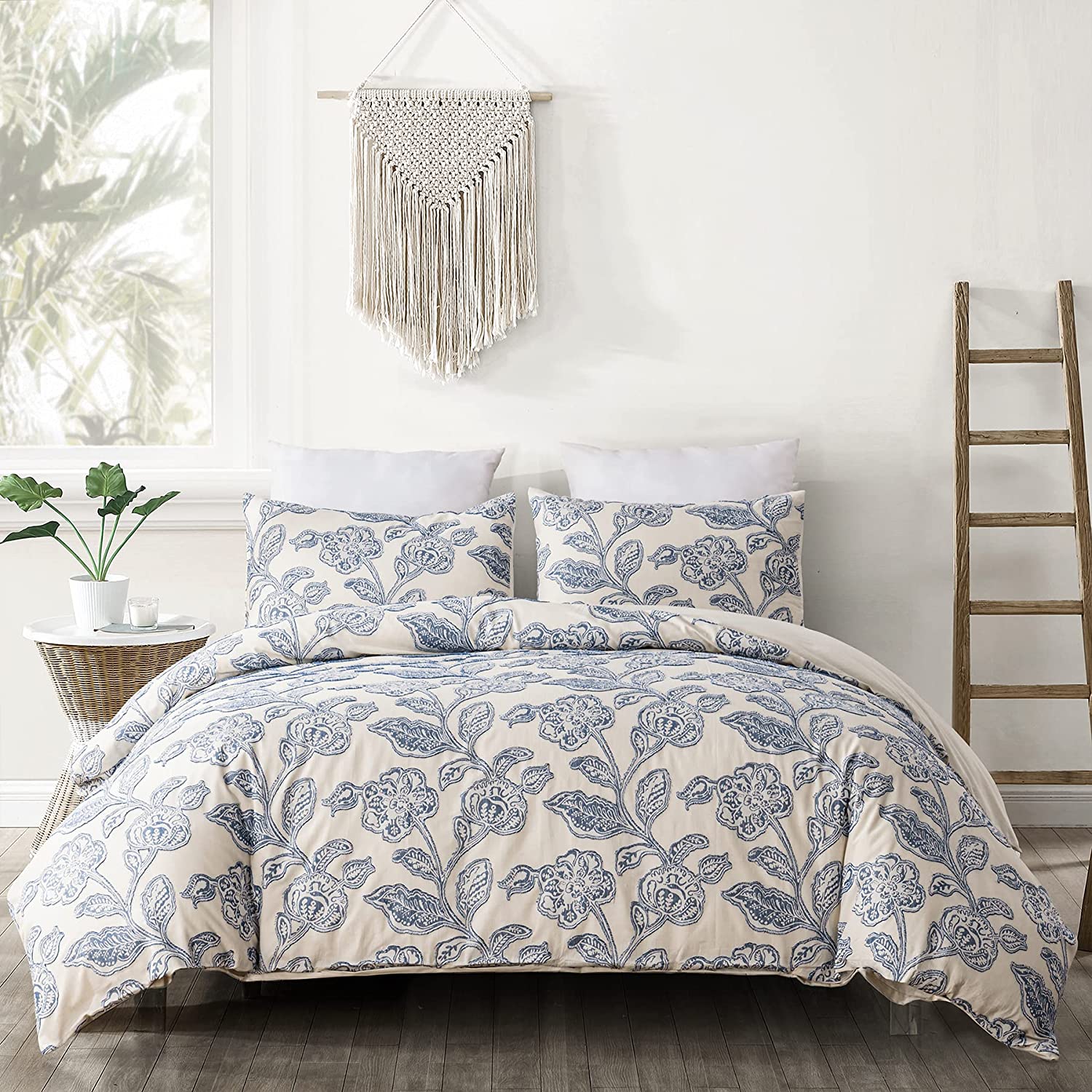 Price:$65.99  Cotton Colored Clipped Floral Applique Jacquard Duvet Cover 3-pc Set, Oeko-Tex Certified, Ultra-Soft, Warm, Breathable, Machine Washable, All Season, Blue : Home & Kitchen