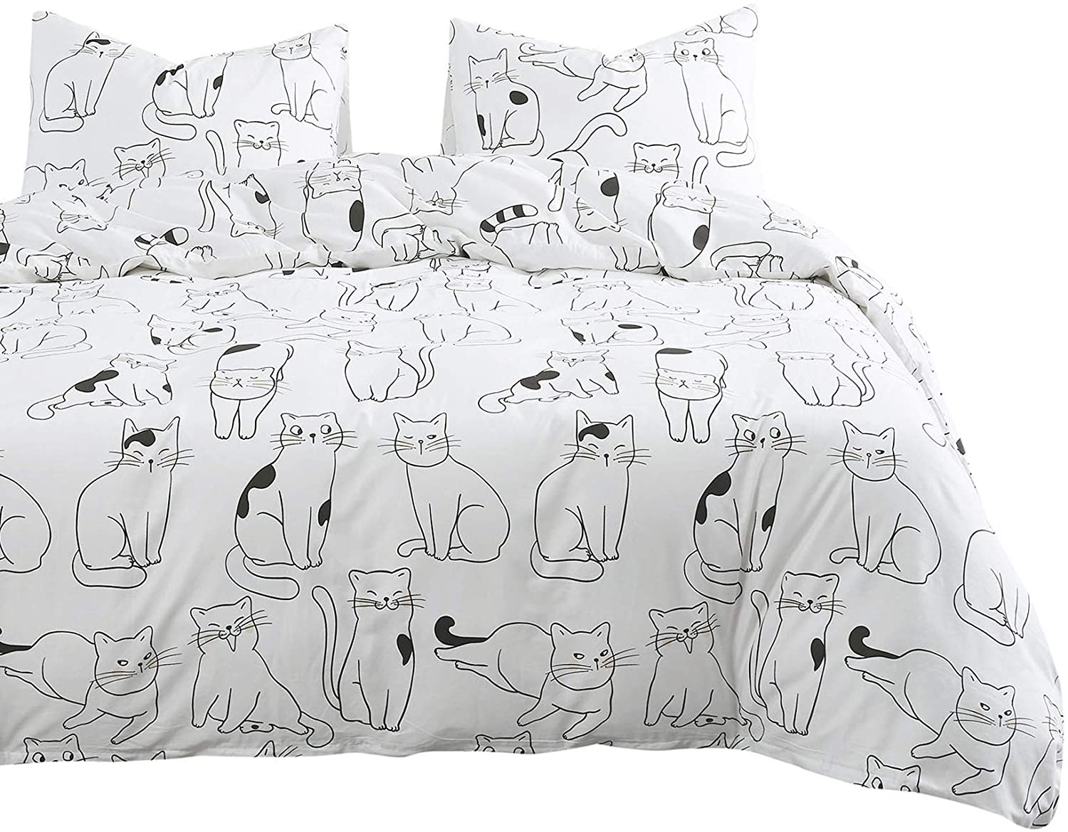 Price:$89.99  In Cloud - Cats Duvet Cover Set, 100% Cotton Bedding, White with Cats Drawing Pattern Printed, Zipper Closure (3pcs, Full Size) : Home & Kitchen