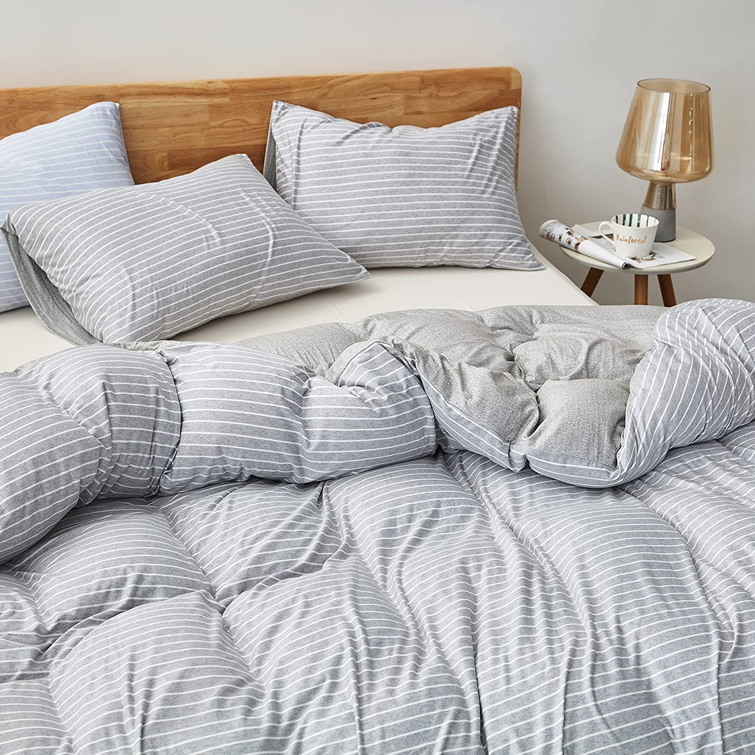 Price:$39.98  Duvet Cover Queen, Soft Jersey Duvet Cover Set White and Grey Striped 3 Pieces with Zipper Closure and Corner Ties, 90 x 90 inch : Home & Kitchen
