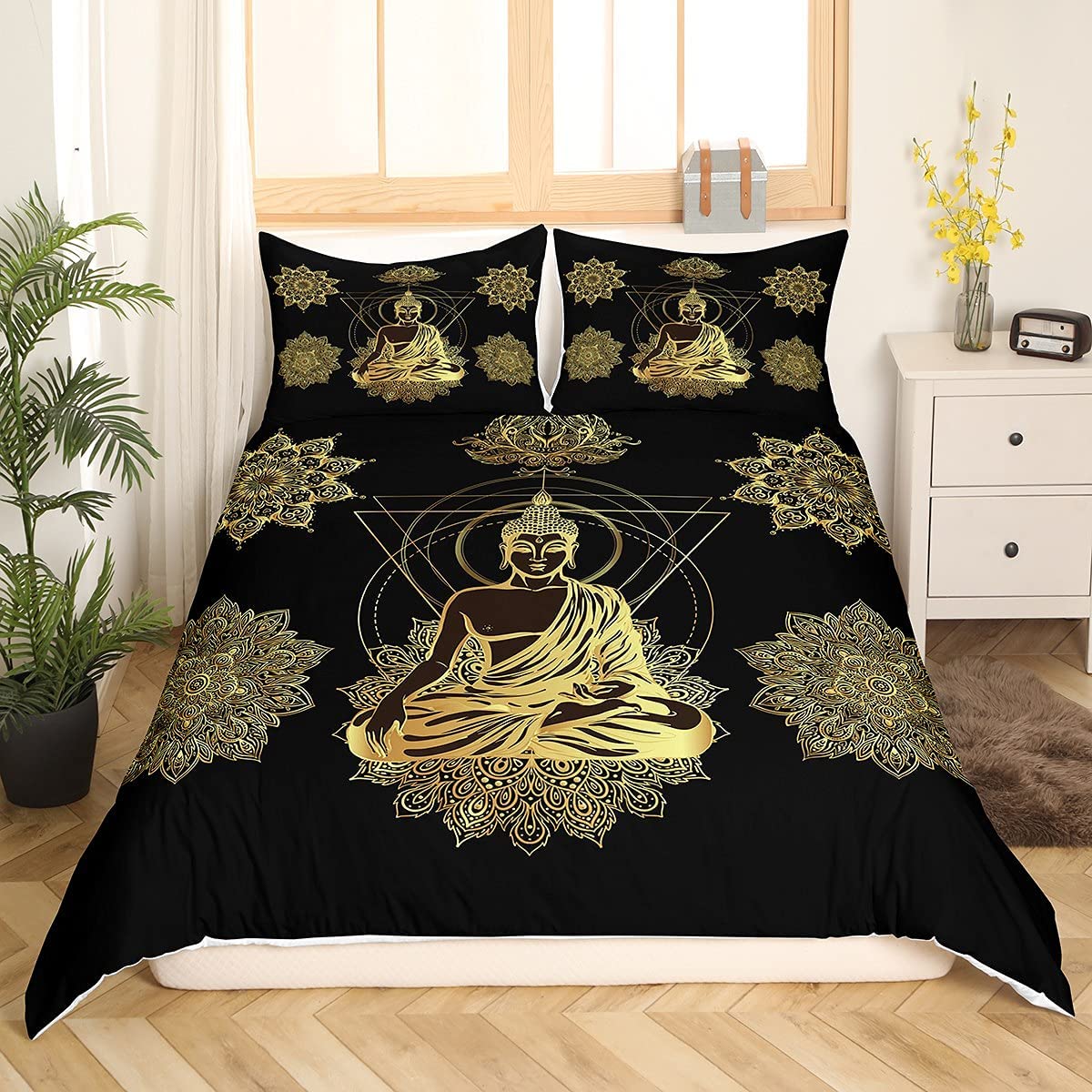Price:$47.00  Mandala Buddha Duvet Cover Set King Size Exotic Ethnic Bohemian Bedding Set Golden Black Lotus Flowers Print Gorgeous Microfiber Polyester Comforter Cover with 2 Pillow Shams, Zipper,3 Pieces : Home & Kitchen