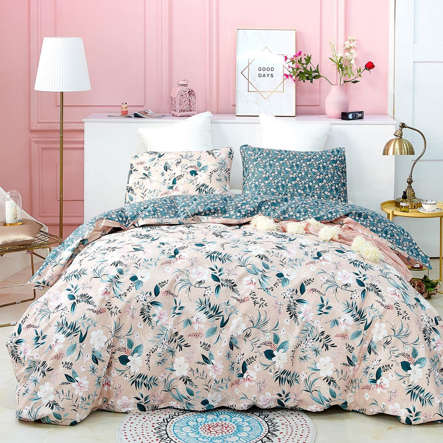 Price:$19.99  Blush Pink Floral Duvet Cover Set Queen Boho Bedding Cover Sets Green and Blush Cotton Bedding Cover Sets for Women Girls with 2 Pillowcases : Home & Kitchen