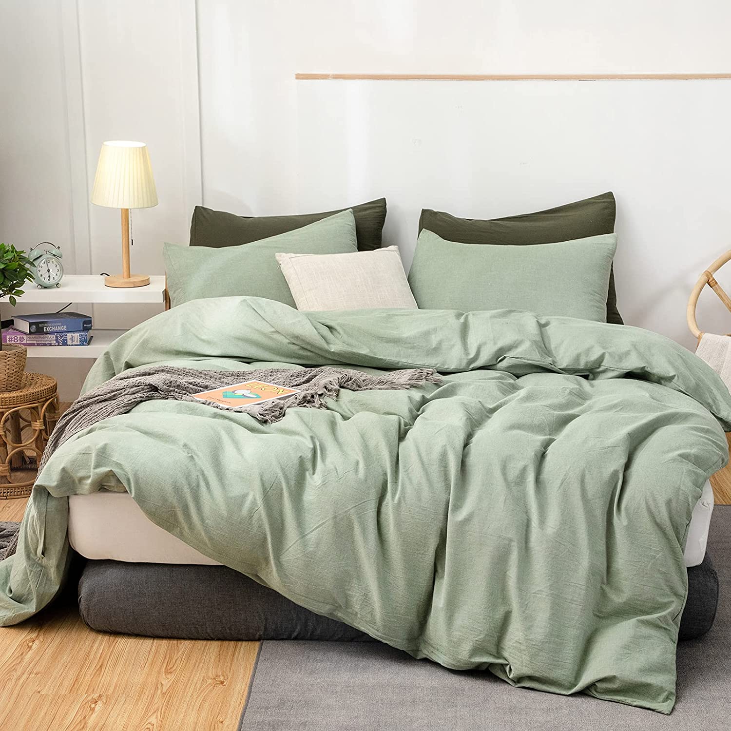 Price:$55.99  Sage Green 100% Washed Cotton King Duvet Cover Set, 3 Pieces 1 Comforter Cover and 2 Pillowcases, Ultra Soft and Breathable Solid Color Bedding Set with Zipper Closure : Home & Kitchen