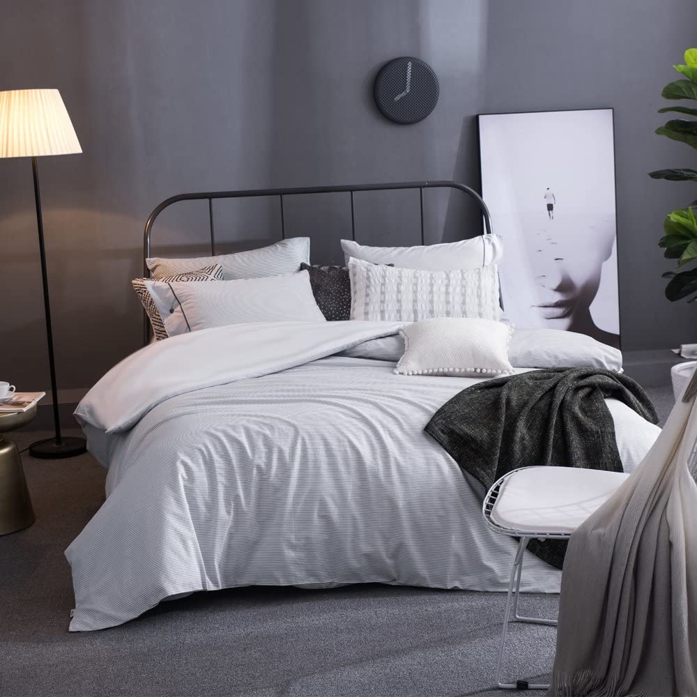 Price:$49.99  Cotton Duvet Cover Set Queen Size ,100% Cotton Yarn Dyed Stripe Duvet Cover Set,3 Pieces White Duvet Cover with Grey Stripes Pattern, Queen, Sliver Grey