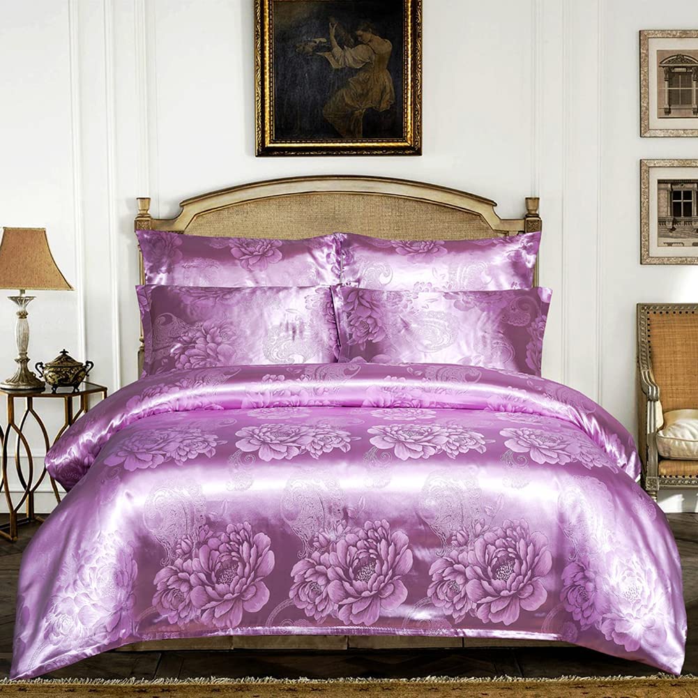 Price:$53.99  Floral Jacquard Satin Duvet Cover Set King Size 3 Piece Luxury Silk Like Bedding Comforter Cover Set with Zipper Closure & Corner Ties (Light Purple,King) : Home & Kitchen