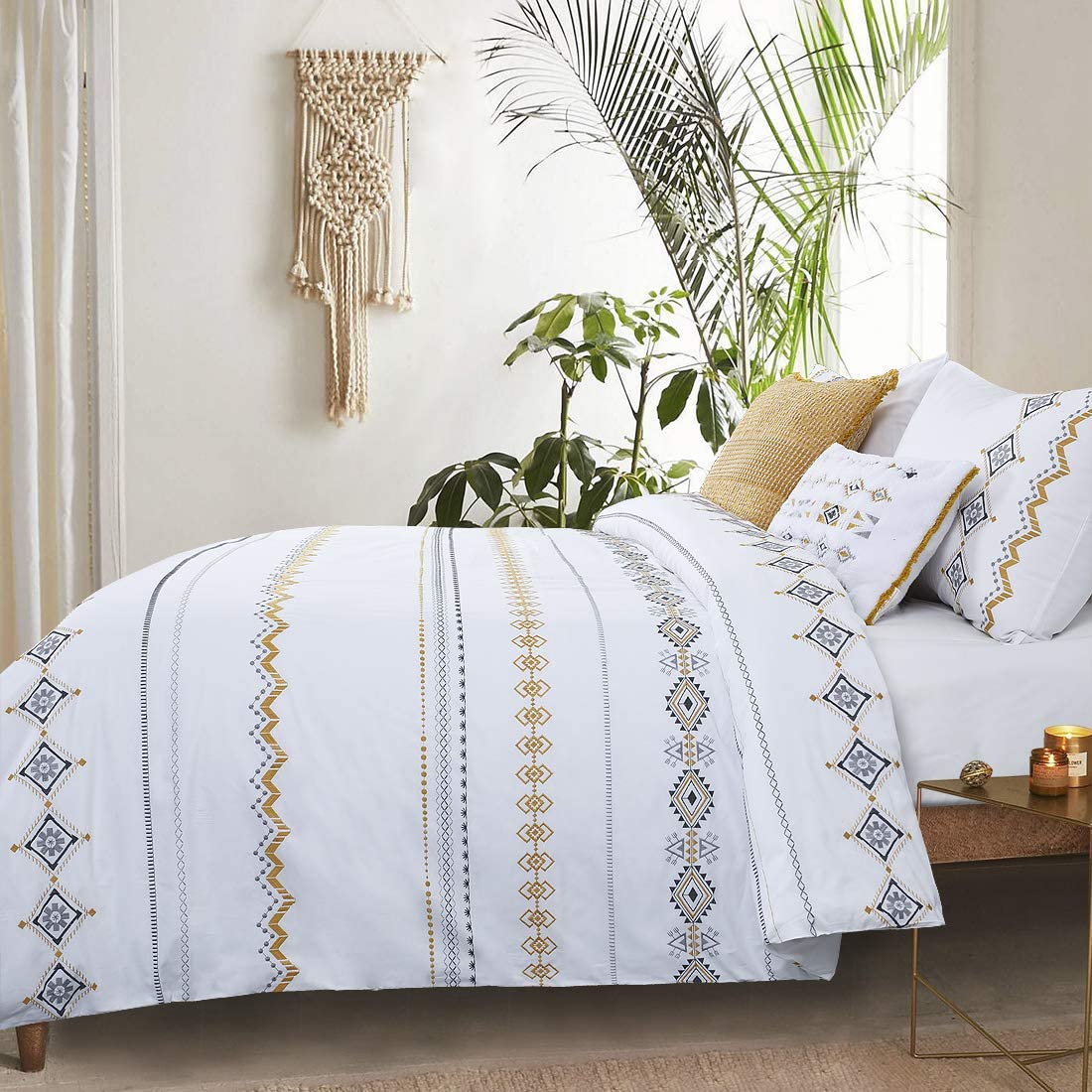 Price:$69.99  Boho Duvet Cover Set King Moroccan Aztec Geometric Yellow Grey Ethic Bohomian Vibrant Textured 104x90 Cotton Bedding Set Embroidered Striped Zip Embroidered 3 Pieces : Home & Kitchen