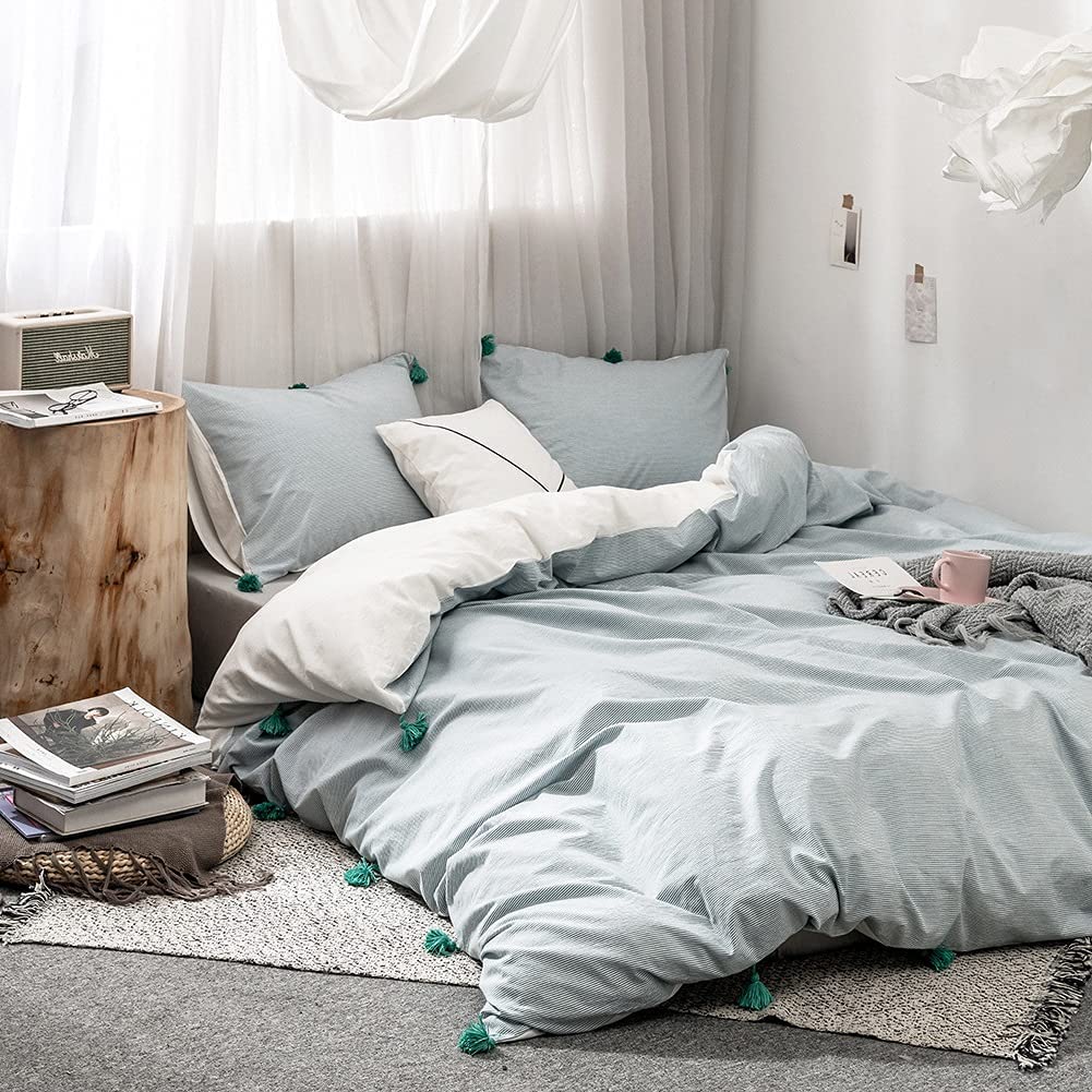 Price:$88.90  Cotton Blue Striped Queen Duvet Cover Sets Modern Geometric Bedding Comforter Cover Sets, Easy Care, Hotel Quality Luxury Elegant Soft with Tassels : Home & Kitchen