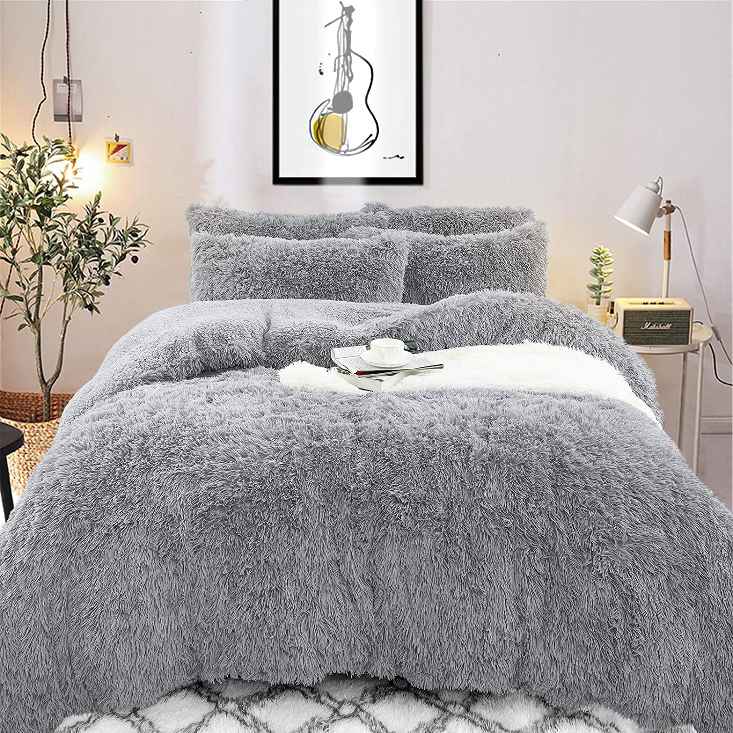 Price:$44.99  Shaggy Duvet Cover Set Ultra Soft Fluffy Comforter Bed Sets, 3 Pieces Furry Velvet Bedding Set with 1 Pillowcases, 1 Duvet Cover and 1 Mattress Pad Cover, Twin Size, Grey : Home & Kitchen