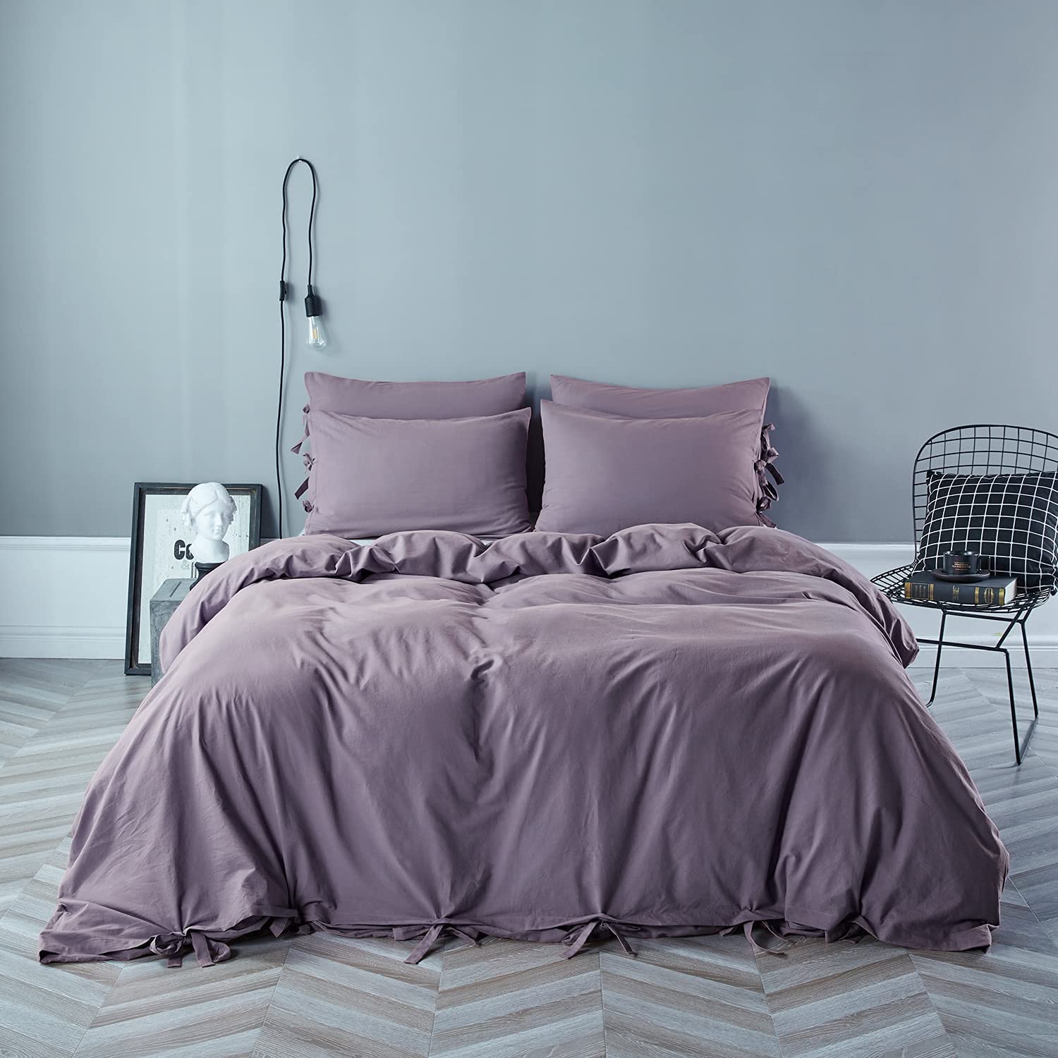Price:$32.99  100% Purple Washed Cotton Butterfly Bow tie Comforter Cover Set Queen, 3 Pieces Ultra Soft Bowknot Duvet Cover(Without Comforter) : Home & Kitchen