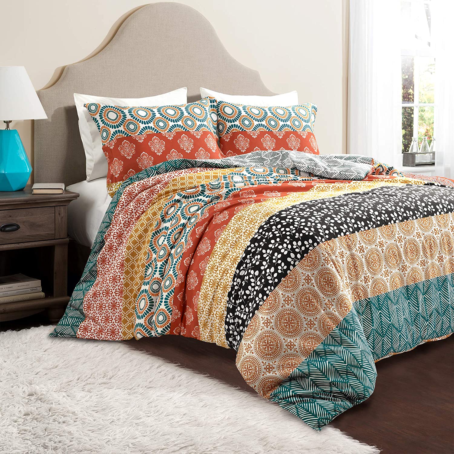 Price:$29.99  Decor Bohemian Stripe Reversible Cotton 3 Piece Duvet Cover Set, Full/Queen, Turquoise & Orange : Home & Kitchen
