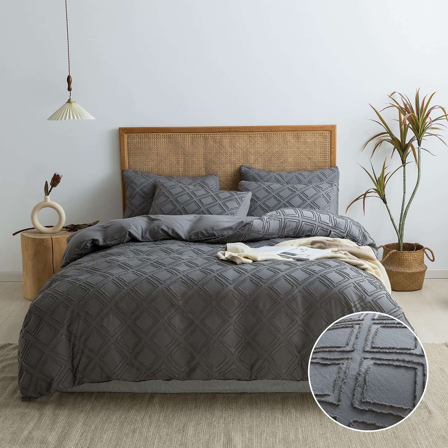 Price:$42.99  Ultra-Soft Microfiber 3pcs Tufted Duvet Cover Set, Grey Boho Textured Bedding Cover Jacquard Rhombus Geometric Pattern Reversible Comforter Cover with Zipper Closure & Corner Ties (Queen) : Home & Kitchen