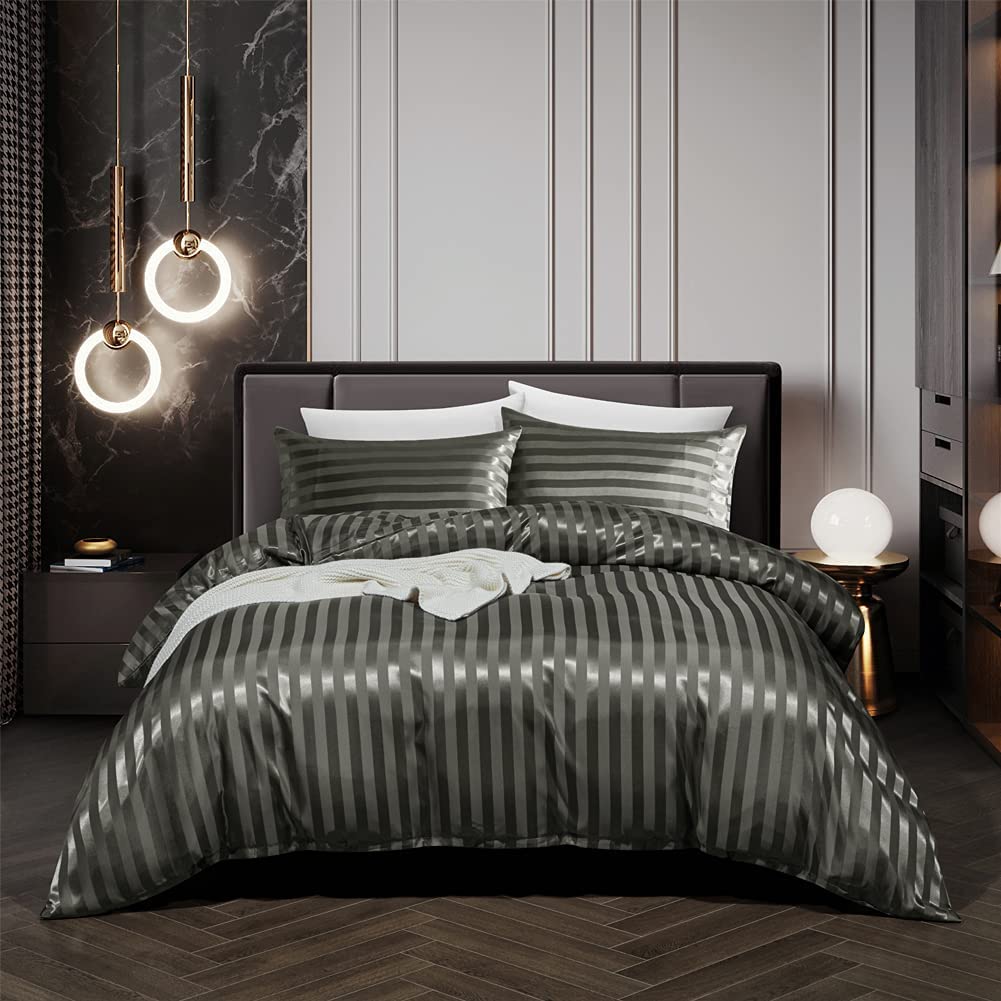 Price:$34.98  3 Piece Satin Duvet Cover Set Bedding Sets Italian Style 1800 Series Luxury Rich Silk Silky Super Soft Stripes Hidden Zipper Closure Reversible Wrinkle Free Honeymoon(Grey, King) : Home & Kitchen