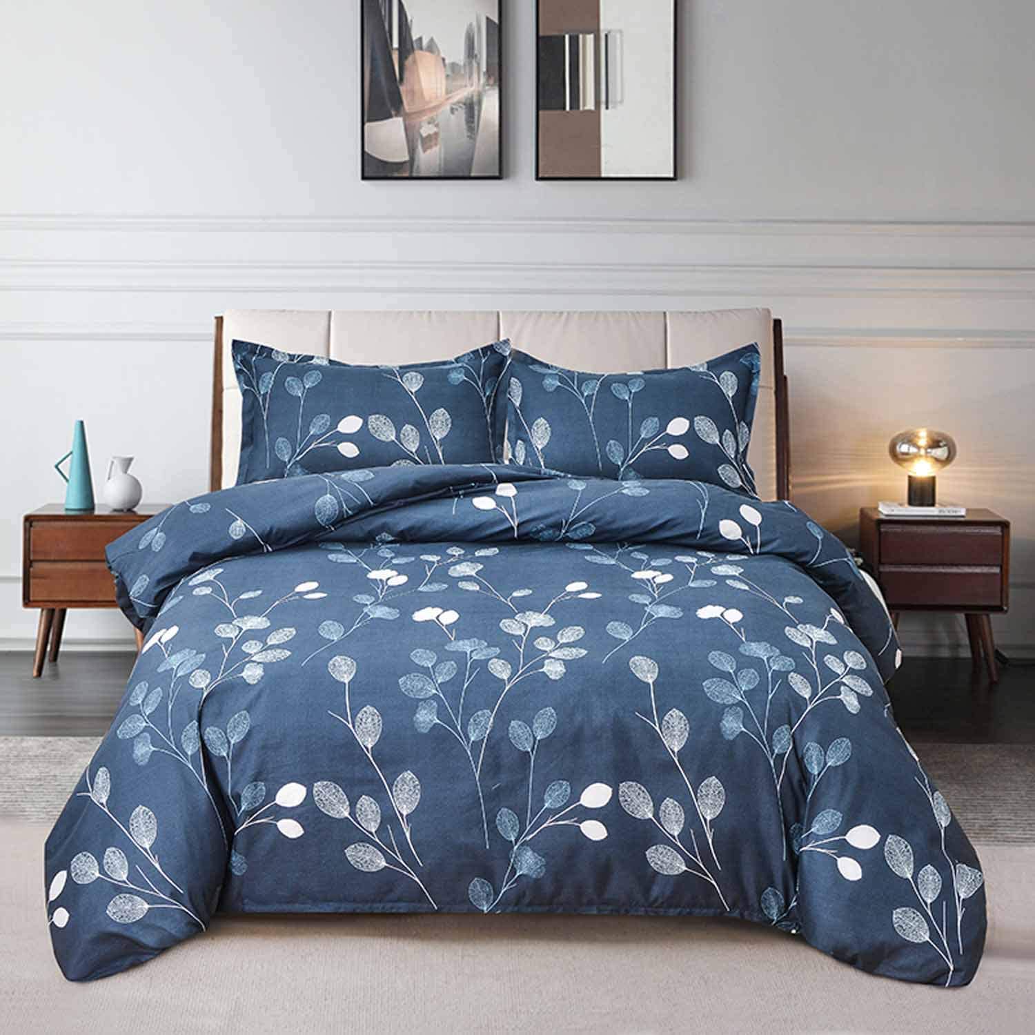 Price:$28.99  Duvet Cover Queen Set - 3pcs Floral Leaf Microfiber Soft Down Duvet Quilt Bedding Covers Zip Ties for Women - Country Farmhouse Pattern for Fall Winter, Size 90 inch，Dark Blue Navy : Home & Kitchen