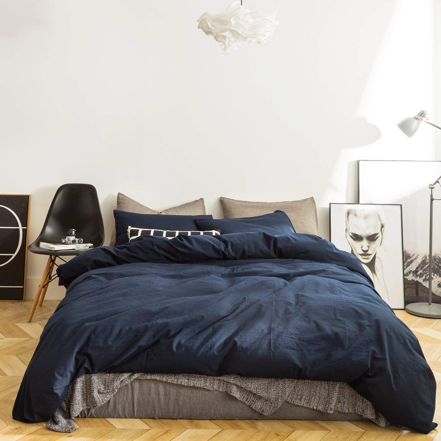 Price:$59.99  3 Pieces Duvet Cover Set 100% Natural Washed Cotton Navy Blue King Size 1 Duvet Cover 2 Pillowcases Luxury Ultra Soft Comfortable Durable Lightweight with Ties Bedding Set with Zipper Ties : Everything Else