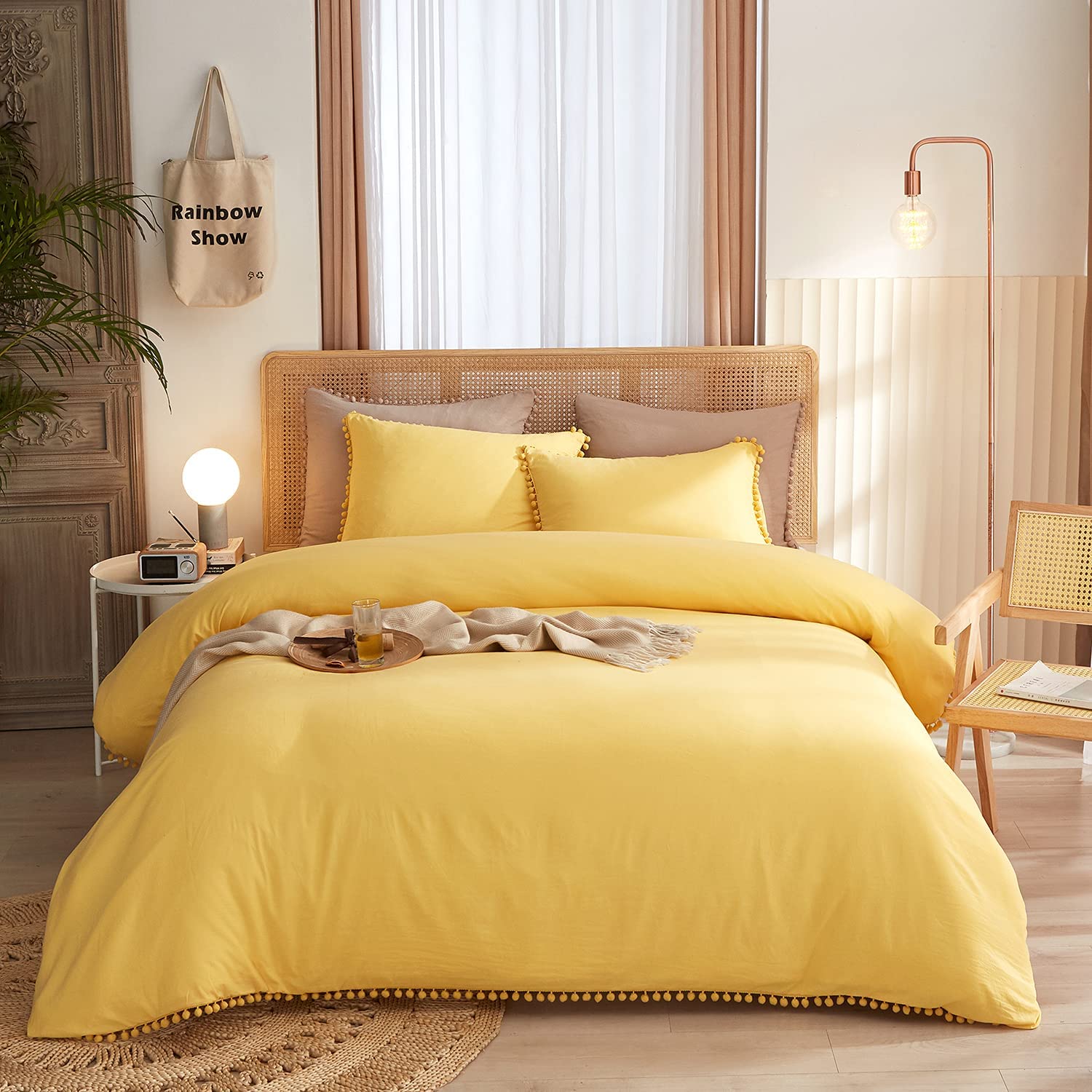 Price:$35.99  Pom Pom Fringe Duvet Cover - 3 Pieces Yellow Duvet Cover Set Queen Size - Washed Microfiber Comforter Cover - Super Soft with Zipper Closure & Corner Ties (Queen, Yellow) : Home & Kitchen