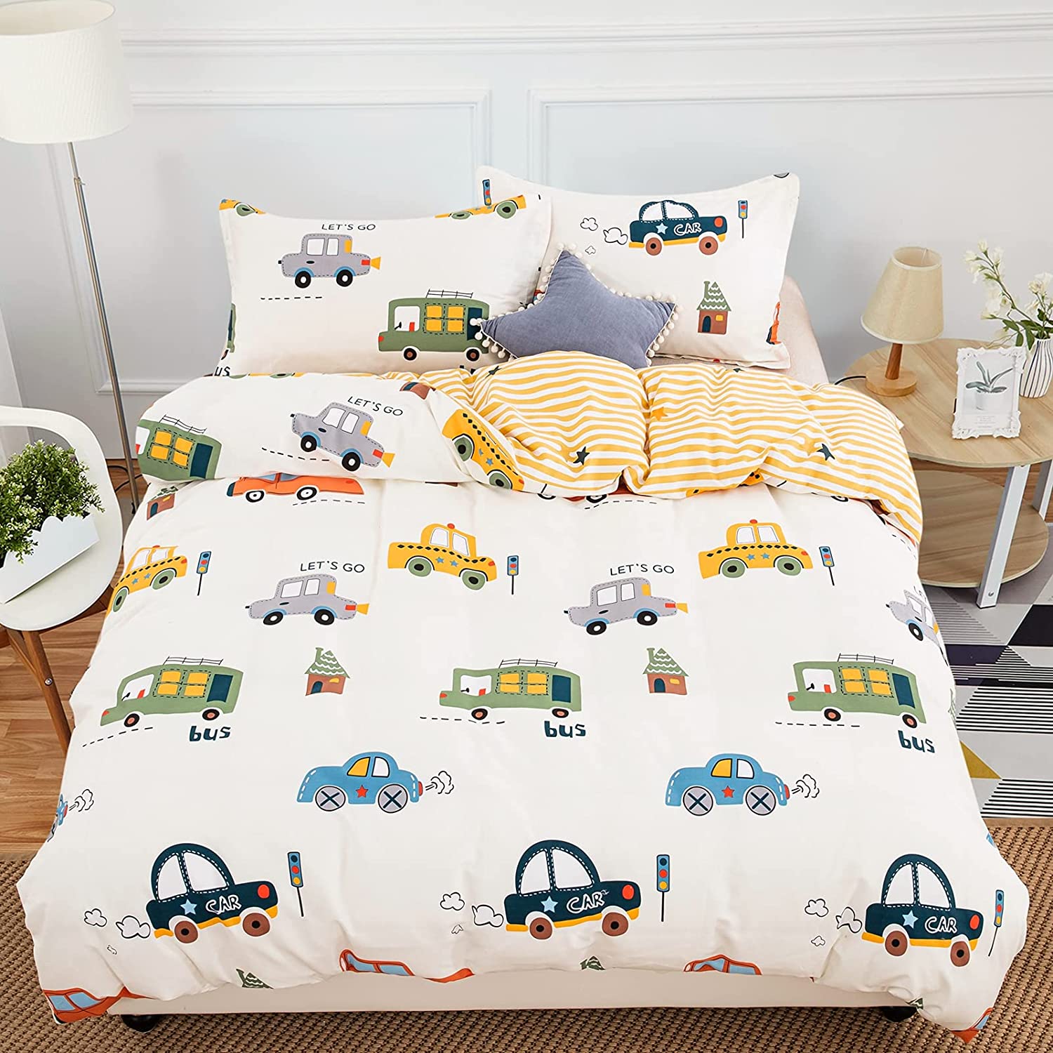 Price:$37.99  Cartoon Duvet Cover Set Twin Size, 2 Pieces 100% Cotton Breathable Bedding Sets (1 Duvet Cover+1 Pillowcase), Reversible Stripes Printed Comforter Cover Set for Kids Teens Boys Girls : Home & Kitchen