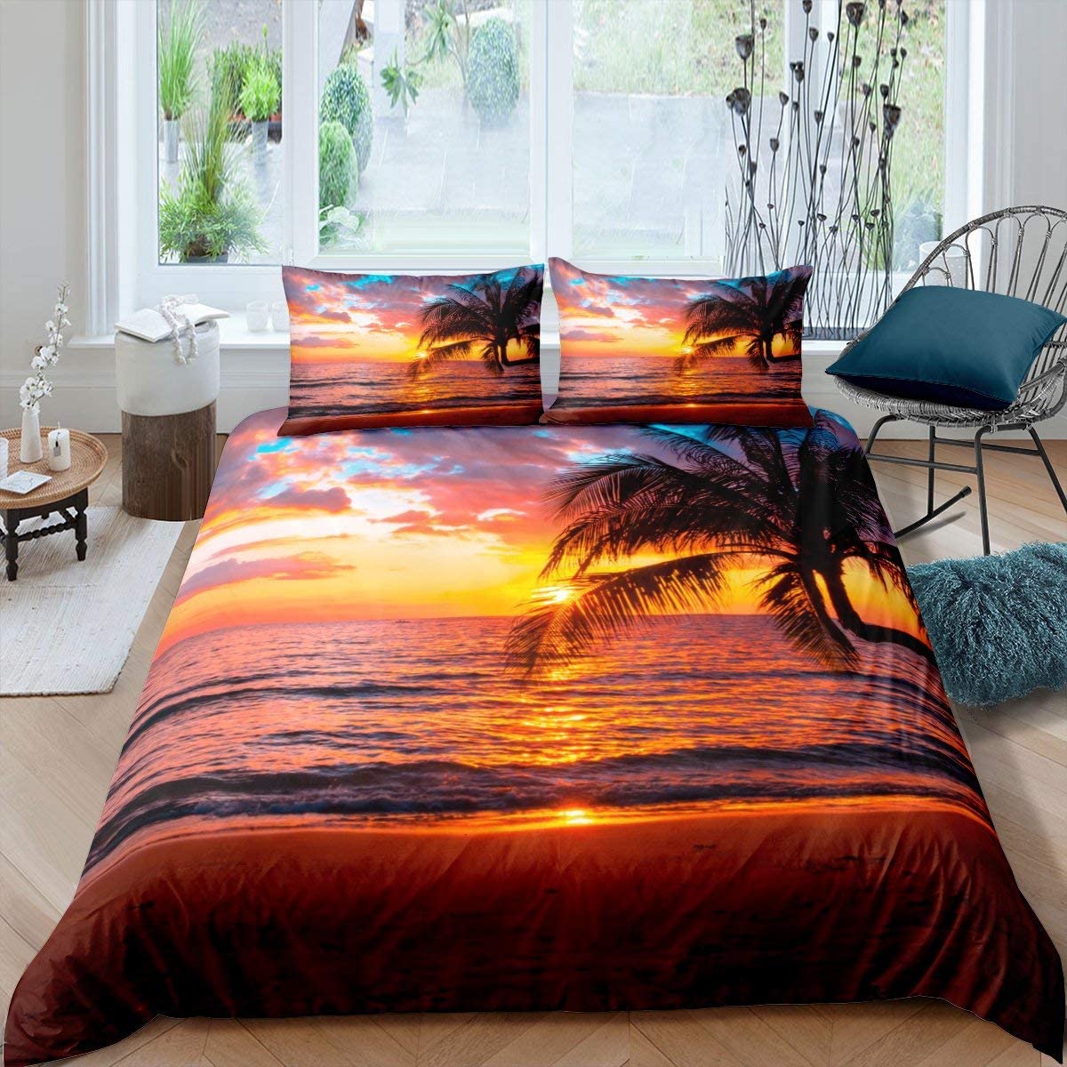 Price:$139.99  Palm Trees Duvet Cover Queen Size Ocean Beach Comforter Cover Sunset Hawaii Tropical Leaves Sea Wave Coastal Bedding Set Mediterranean Scenery Quilt Cover 3Pcs with 2 Pillowcases : Home & Kitchen